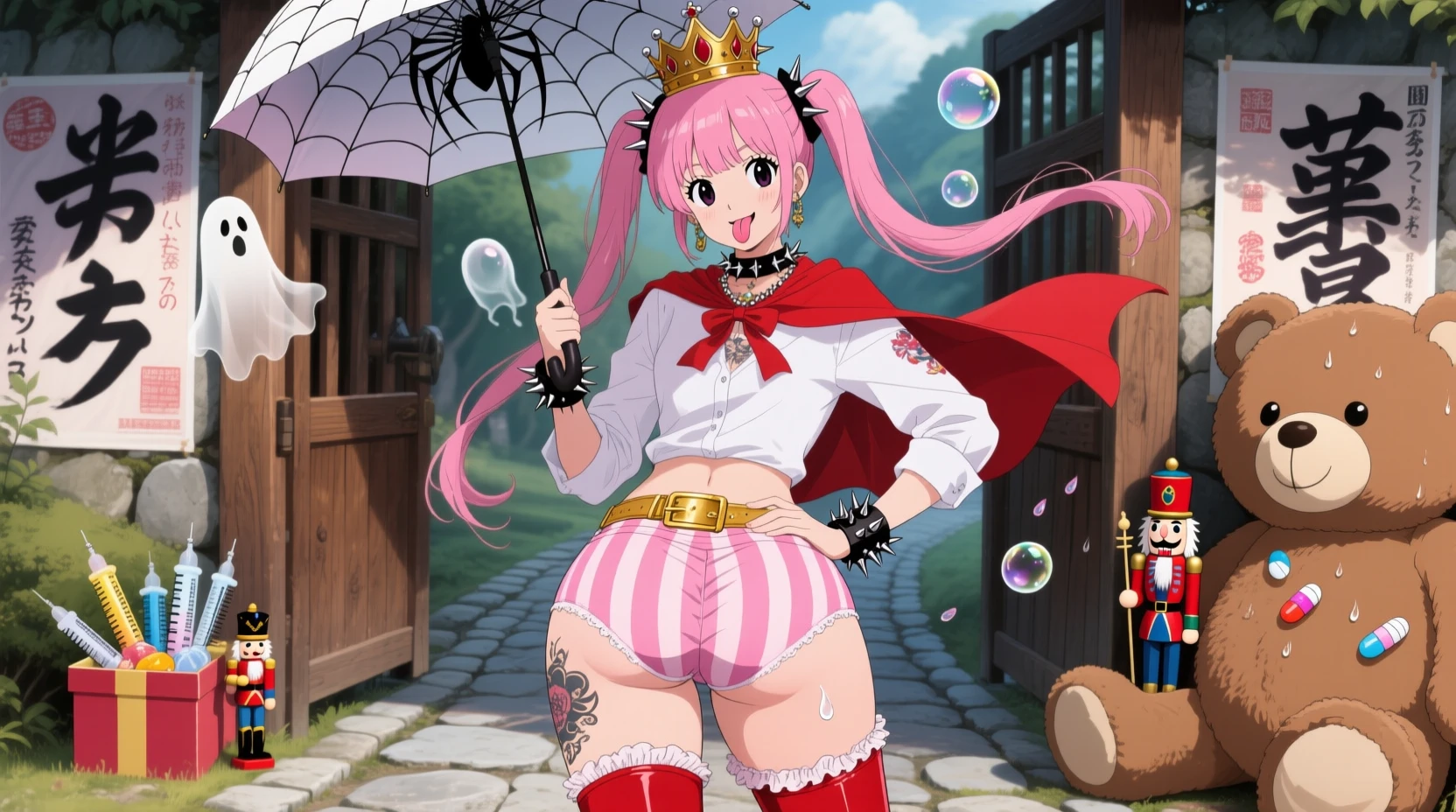 SilverOujo, 1girl, solo, yellow_headwear, wand, long hair, twintails, smile, red eyes, open mouth, cape, full body, holding, boots, white hair, yellow headwear, holding wand, pink hair, pantyhose, long sleeves, :d, standing, outstretched arms, castle in the room, 1girl, soro, chibi, masterpiece, high quality, very_high_resolution, large_filesize, full color, 1990s \(style\), anime, anime_screencap, animated gif, mp4 ,video, animated,(looking at the viewer, alone, smile, Thighhighs, white boots, whole body,,(NSFW),(((nude))),(take off), (beautiful big breasts: 1.2), (I can see your nipples: 1.4), (pussy), (((very thick thighs))),wide hips, Beautiful and thick thighs, huge round ass, Beautiful huge natural breasts, Shiny and oily breasts, (orgasm: 1.5),(take off:1.5),beautiful hair, beautiful face, fine and beautiful eyes, beautiful clavicle, beautiful body, beautiful feet, beautiful fingers, (beautiful scenery), evening, (smile), (from below:1.5),(visibility is low:1.5), (((No panties, genitals visible)))
