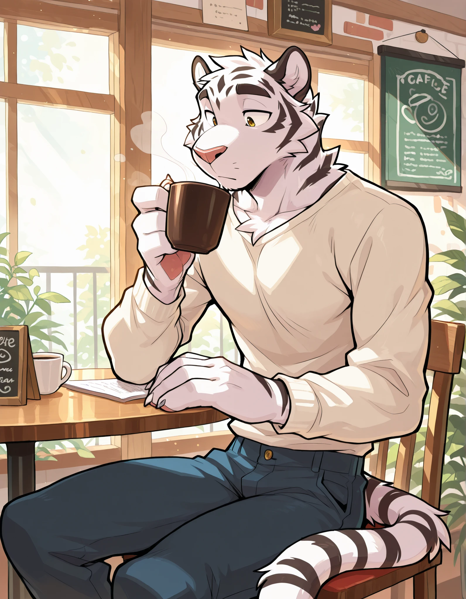 furry, (skinny body:1.3), male skinny white tiger, white fur, round eyes, white business long sleeve on, pants on, sitting, cafe, drinking coffee, morning, neck tuff, cute, claws, handsome, perfect, detailed, perfect body type, high resolution, anatomically accurate, detailed eyes, Best quality , 5 fingers, Ultra High Resolution, Delicate Eyes , Handsome, Takemoto Arashi, Handsome,delicate face, no elves, no sfw, no animals, no humans