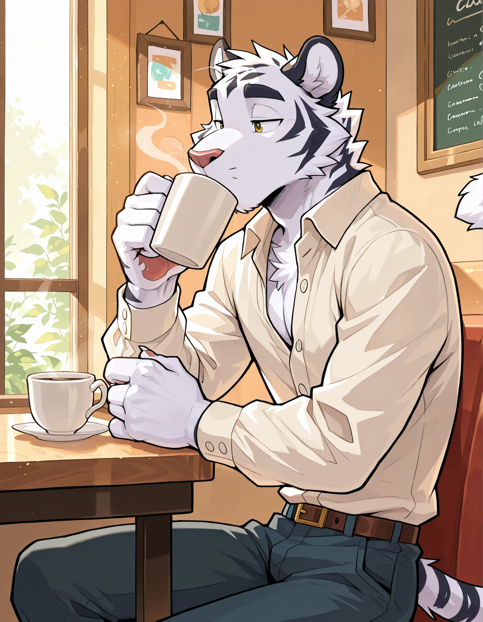 furry, (skinny body:1.3), male skinny white tiger, white fur, round eyes, white unbuttoned long sleeve on, pants on, sitting, cafe, drinking coffee, morning, neck tuff, cute, claws, handsome, perfect, detailed, perfect body type, high resolution, anatomically accurate, detailed eyes, Best quality , 5 fingers, Ultra High Resolution, Delicate Eyes , Handsome, Takemoto Arashi, Handsome,delicate face, no elves, no sfw, no animals, no humans