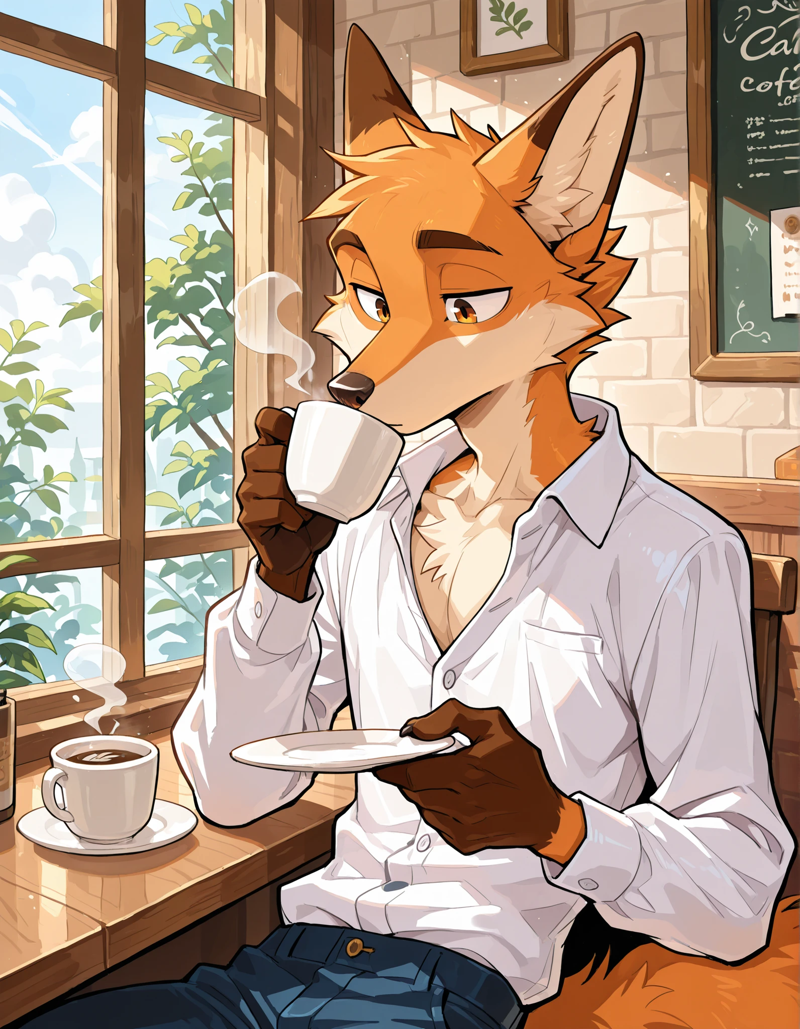 furry, (skinny body:1.3), male skinny fox, round eyes, white unbuttoned long sleeve on, pants on, sitting, cafe, drinking coffee, morning, neck tuff, cute, claws, handsome, perfect, detailed, perfect body type, high resolution, anatomically accurate, detailed eyes, Best quality , 5 fingers, Ultra High Resolution, Delicate Eyes , Handsome, Takemoto Arashi, Handsome,delicate face, no elves, no sfw, no animals, no humans