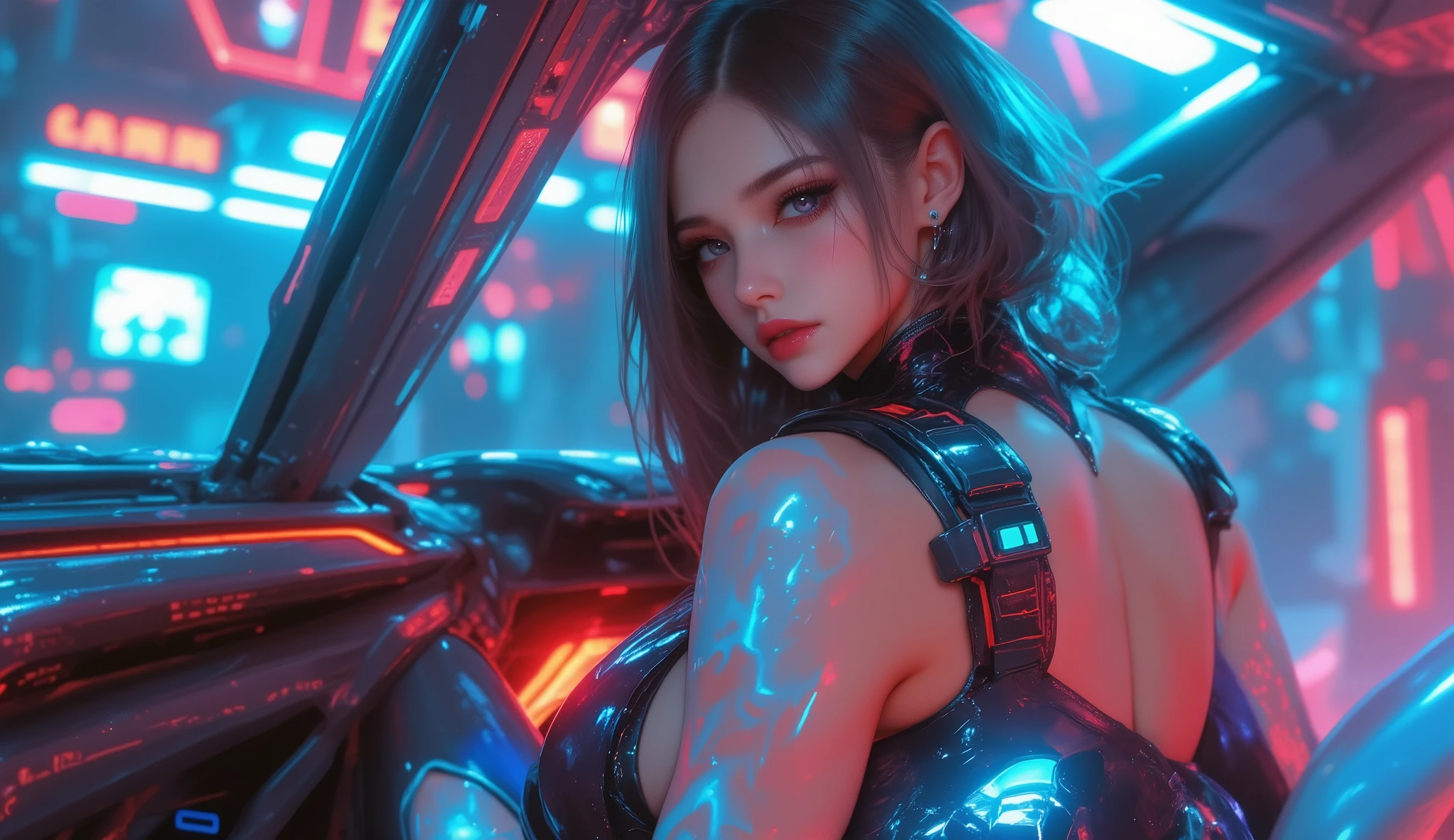 A sexy female space captain in a 50s-styled space outfit piloting her rocket with blinking controls and bright lights, highly detailed, photorealistic, 8k, hyper-realistic, extremely detailed, ultra-detailed, masterpiece, detailed eyes, detailed lips, long eyelashes, muscular, confident expression, dramatic lighting, neon colors, intricate ship interior, glowing displays, metallic textures, shiny surfaces, dynamic pose, cinematic angle
