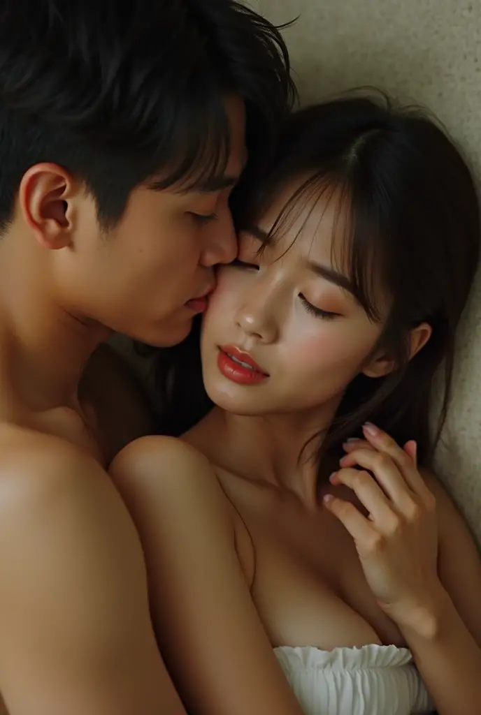Full body young woman, pale white skin, 20 years, curly black hair, hair down to the breasts, small uncovered breasts, slim, narrow waist, athletic body, having sex with a man, woman over man