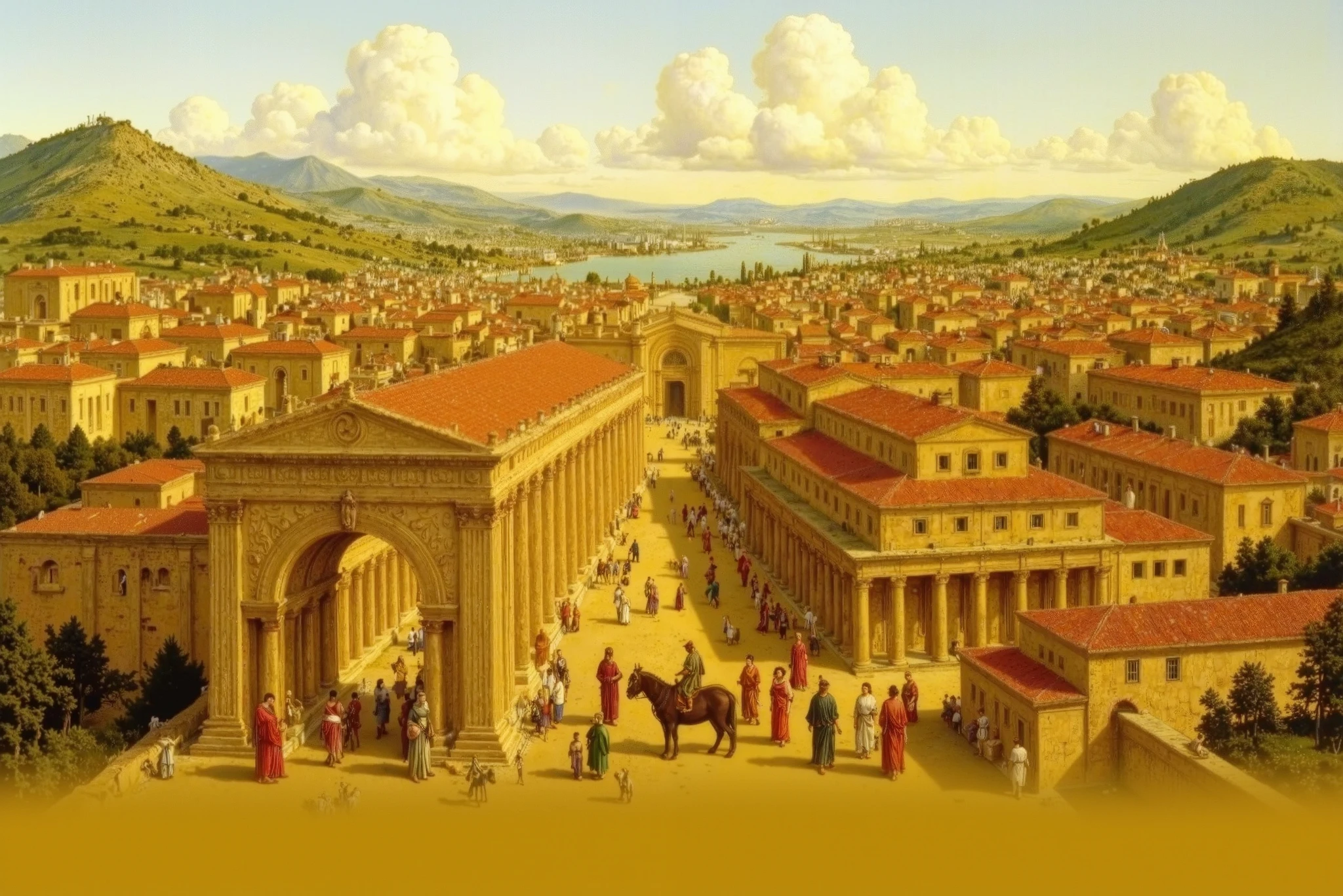 A panoramic view of ancient Antioch in the 3rd century AD, located in Roman Syria. The city is bustling with life, featuring Roman architecture, colonnaded streets, red-tiled roofs, and a large central basilica. Citizens in tunics and cloaks walk along stone-paved roads, merchants sell goods in open-air markets, and horses and donkeys carry supplies. The Orontes River flows nearby, with ships docked at the harbor. The city is surrounded by fortified walls and towers, with the green hills of Mount Silpius rising in the background. The lighting is warm and golden, suggesting late afternoon. Realistic style, highly detailed, historical accuracy.