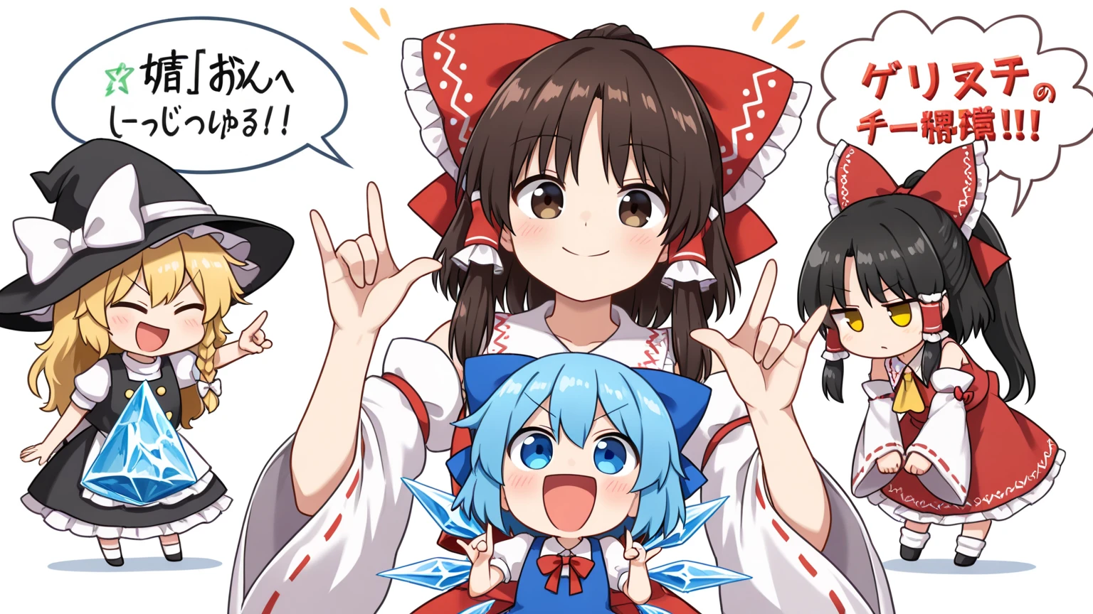 Touhou Project characters, mini characters, chibi characters, three Touhou Project characters (Hakurei Reimu, Kirisame Marisa, Cirno), artwork based on the song Cirno's Perfect Math Classroom. Cirno is stabbed in the finger by Hakurei Reimu and Kirisame Marisa, who then curse her with a "BA-KA" manga-style speech bubble comment. Cirno appears angry. The background wallpaper depicts the letters "1 2 ⑨" scrolling horizontally. (Hakurei Reimu's wearing, hair bow , bow , detached sleeves , closed eyes , hair tubes , open mouth , red bow , smile , brown hair , ascot , ^_^ , blush , ponytail , simple background , :d , white background , bare shoulders , parody , \m/ , upper body , pinky out , pointing , wide sleeves , long hair , ribbon , skirt set , shirt , laughing , hair ribbon , double \m/ , happy , long sleeves , short hair , black hair , red skirt , skirt), BREAK(Kirisame Marisa's wearing, blonde_hair , long_hair , hat , witch_hat , bow , yellow_eyes , braid , single_braid , hat_bow , smile , hair_bow , white_bow , bangs , black_headwear), BRESK(Cirno's wearinng, short_hair , hair_bow , wings , blue_eyes , ice , ice_wings , blue_bow , ribbon, bangs , blue_dress , blush , closed_mouth , collared_shirt , dress , looking_at_viewer , puffy_short_sleeves , puffy_sleeves , red_bow , shirt , short_sleeves , simple_background , white_background , white_shirt , bowtie , red_bowtie ),