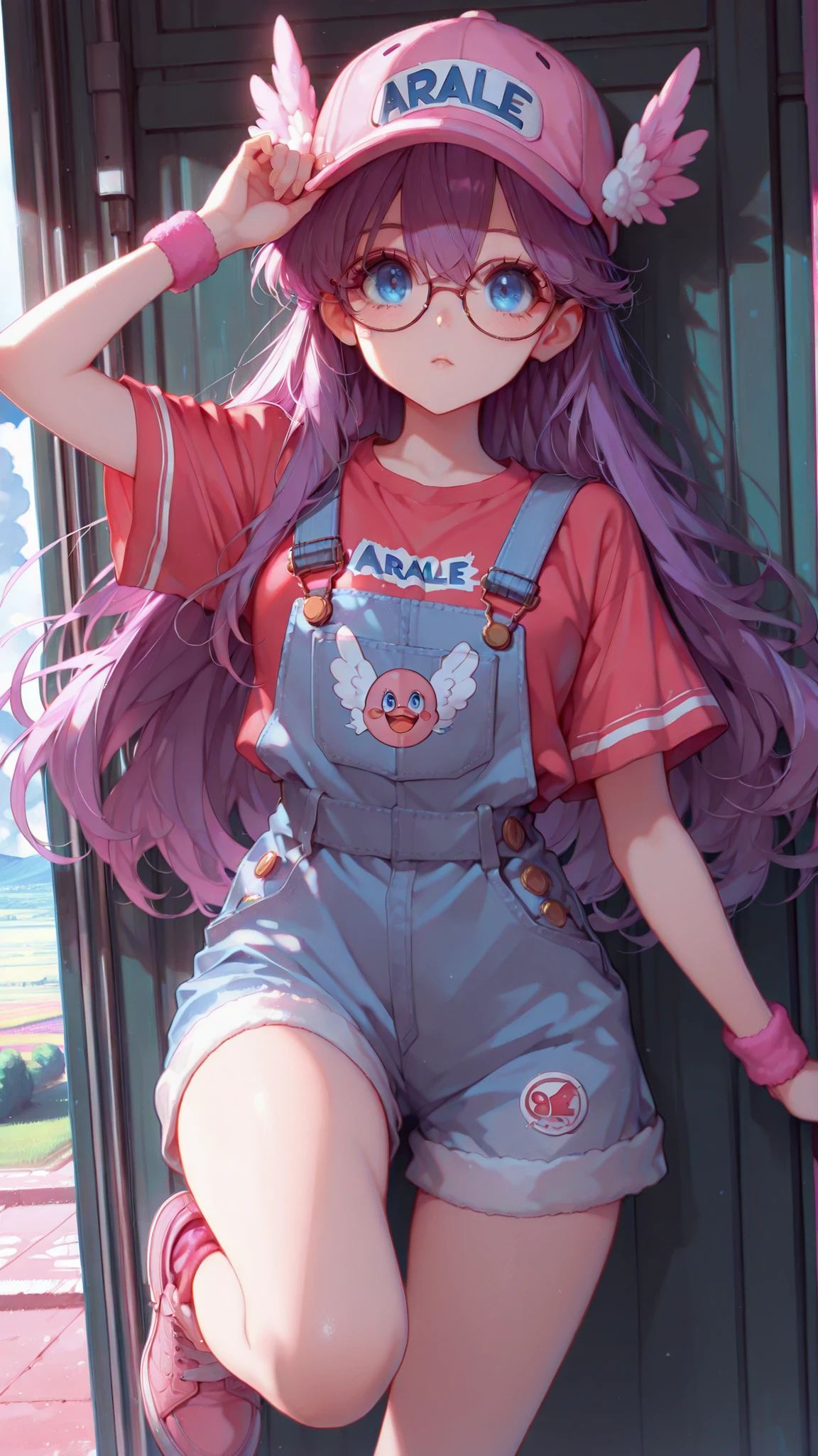  score_9, score_8_up, score_7_up, masterpiece, source_anime, 1girl,solo, arale,glasses, long hair, purple hair, pink winged baseball cap, blue eyes,overalls,red shirt, short sleeves,pink shoes,solo