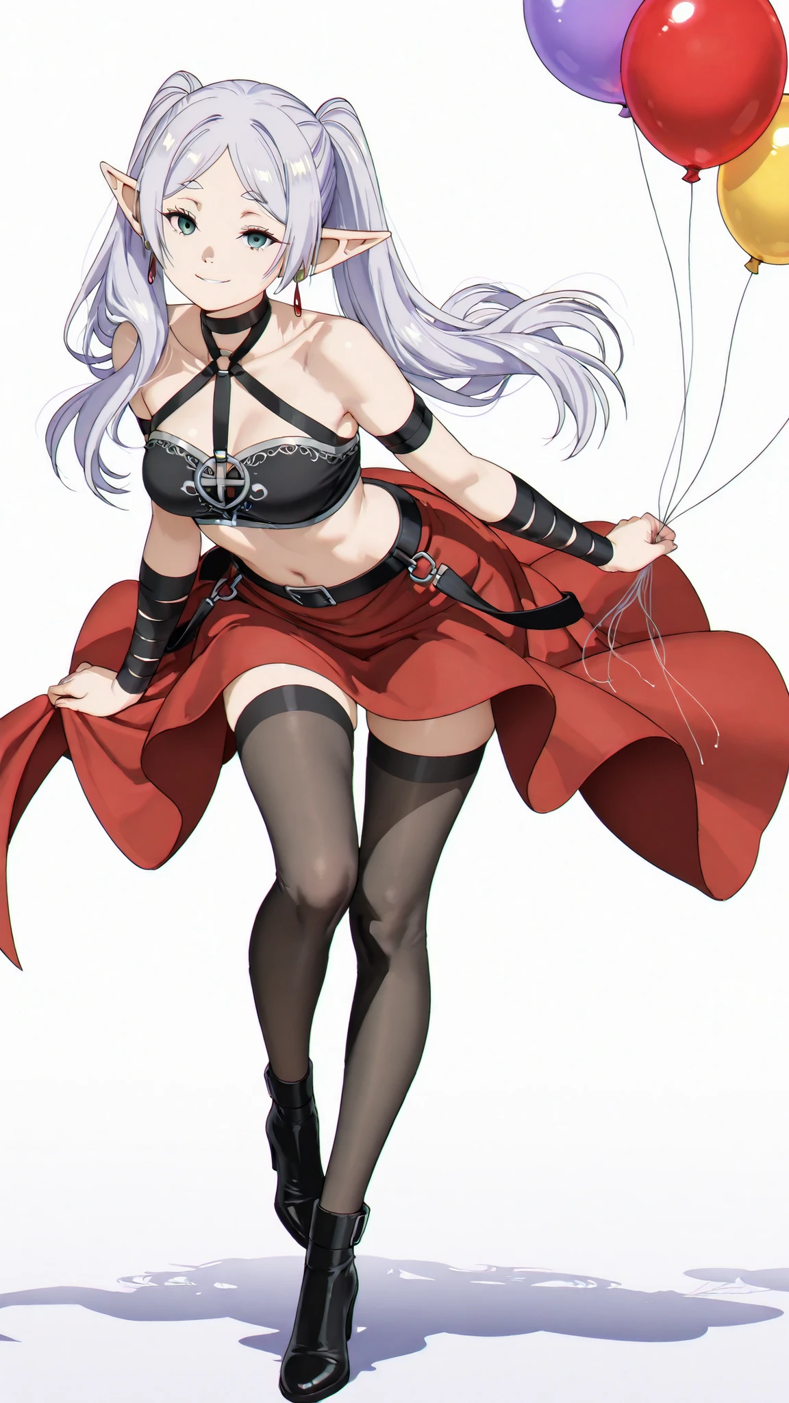 Masterpiece, highest quality, 4K, HD, crisp and ultra-detailed lines, professional shading, vibrant and natural colors, smooth gradients, and perfectly balanced lighting.
4k, masterpiece, highly detailed, full-body shot, white background, 9:16 aspect ratio.
Frien from Sousou no Frieren,
She wears a black bandage-style bandeau (without a center knot or gold or silver embroidery), with bare shoulders and midriff.
She wears short red skirts, sheer black stockings, and strappy black leather ankle boots with heels.
She stands, holding a balloon in one hand.
She is in a three-quarter-length pose facing the camera, with one leg slightly forward, hips subtly tilted to the side, and one hand resting securely on her hip.
She gazes directly at the viewer with slightly raised eyebrows and a slight smirk, radiating confidence and magical authority.
Soft studio lighting highlights her curves and facial features. Ultra-detailed fabric texture. Realistic skin shading. Elegant anime-style rendering.