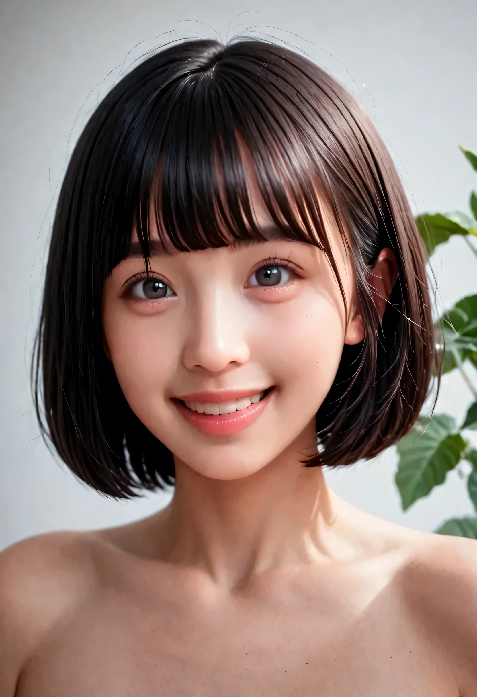 (Very detailed}, , {Highest quality}, {Ultra high quality}, {Highest resolution}, {{{Sharp focus: Eyes}}, {{16k}}, {{Astonishingly realistic portrait of a Japanese high school student: 2.0}}}, ((Bust up: 2.0))), {{Happy smile: 2.0}}, {Detailed facial depiction}}, {{Detailed eye depiction, large eyes with double eyelids}}, {Thick lips: Lipstick}, Black hair, black eyes}}}, {Naked high school girl: 18 years old: White skin: Chest}}, } {Glowing beautiful skin: Pale skin}}, {{A very fantastic depth of field photo with a single strawberry in hand}}, {{{Bob haircut with shorn bangs: Home cut: Bangs}}}, {{View viewer}},
