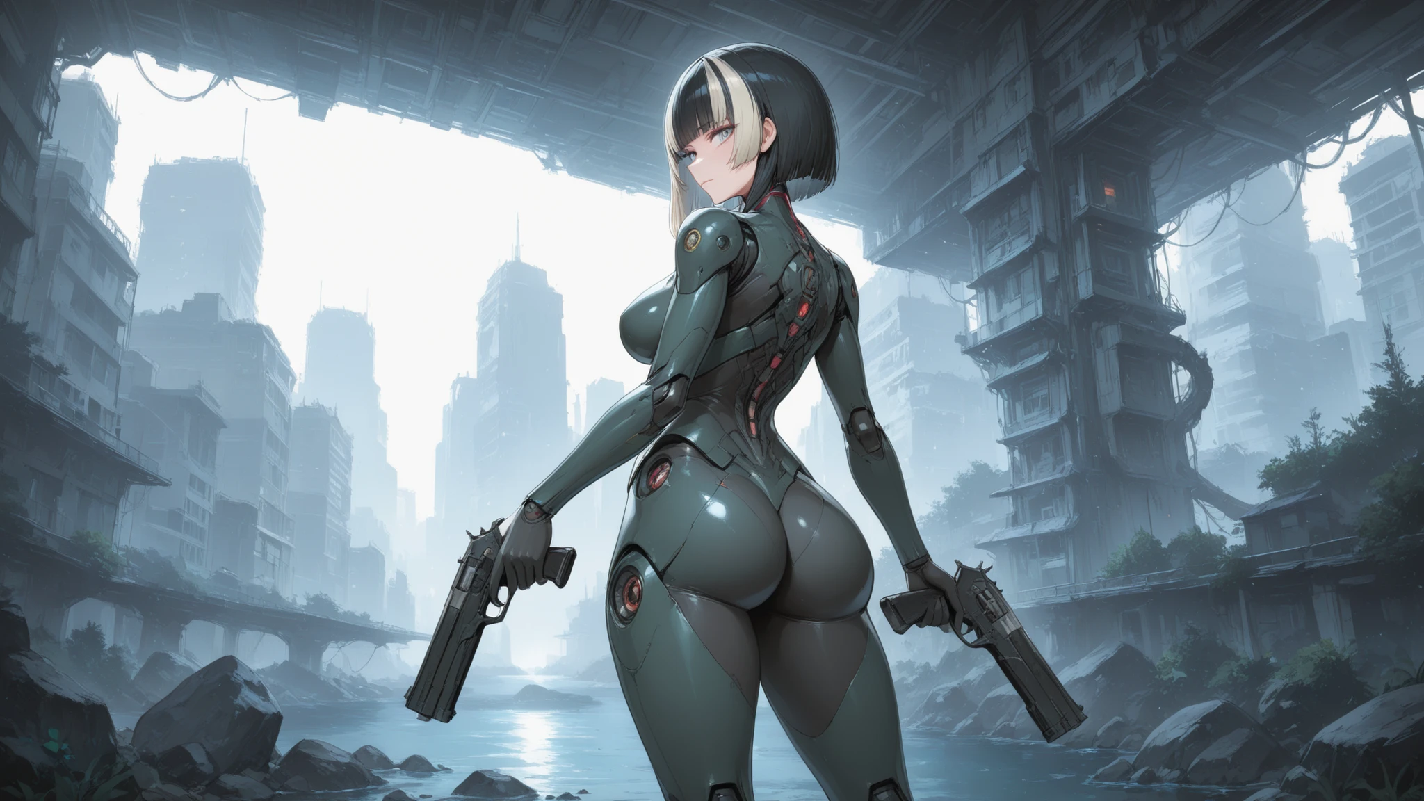 juufuutei raden, Revolver, hololive, high-tech aesthetics, 1 girl, weiblich, Arsch, Breasts, white Haar, short Haar, rosa Augen, look back, multicolored Haar, pink Haar, large Breasts, medium Breasts, Robotergelenke, blue Haar, streaked Haar, body suit , view of the viewer, stehend, Cyberpunk, Cyborg, Science-Fiction, glowing, Android, Stadt, Maschine, Schwert, unter Wasser, Allein, haltend, Doppelbewaffnung, von hinten, white background, Waffe, Waffe, haltend Waffe, haltend Waffe, handWaffe, Hintern, Kleidung, Haar, Anthropologie, Kybernetik, mammal , high resolution, ranged Waffe, haltend object, digitale Medien (Kunstwerk), Hintern pose, hauteng, Bewertung:sicher, Meisterwerk, best quality, very aesthetic, absurdes
