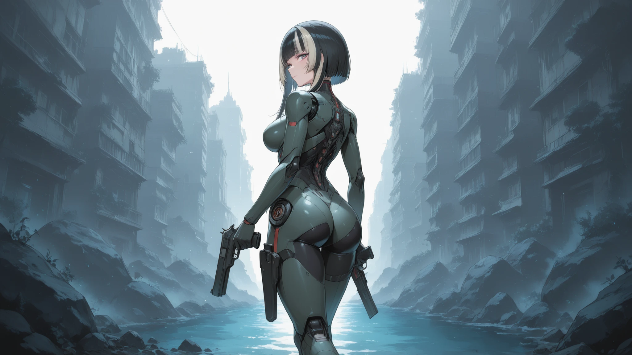 juufuutei raden, Revolver, hololive, high-tech aesthetics, 1 girl, weiblich, Arsch, Breasts, white Haar, short Haar, rosa Augen, look back, multicolored Haar, pink Haar, large Breasts, medium Breasts, Robotergelenke, blue Haar, streaked Haar, body suit , view of the viewer, stehend, Cyberpunk, Cyborg, Science-Fiction, glowing, Android, Stadt, Maschine, Schwert, unter Wasser, Allein, haltend, Doppelbewaffnung, von hinten, white background, Waffe, Waffe, haltend Waffe, haltend Waffe, handWaffe, Hintern, Kleidung, Haar, Anthropologie, Kybernetik, mammal , high resolution, ranged Waffe, haltend object, digitale Medien (Kunstwerk), Hintern pose, hauteng, Bewertung:sicher, Meisterwerk, best quality, very aesthetic, absurdes