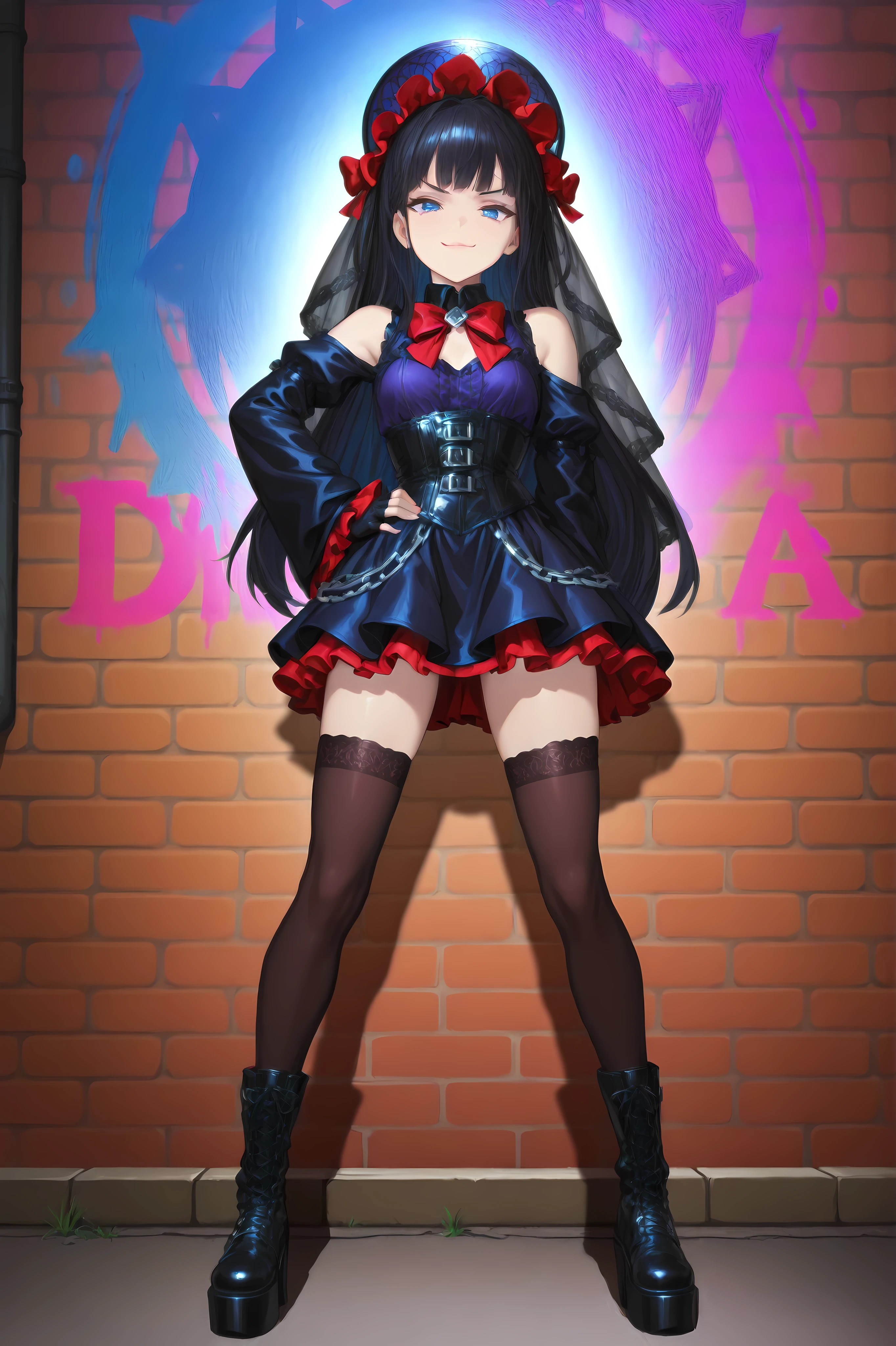 **Subject:** Kiyomi Svensson transformed as "Dark Sweet Candy". Close-up, chest-up portrait. She has a round, doll-like face with striking blue eyes and neat, thigh-length glossy black hair. Her skin is smooth and pale porcelain.
**Outfit:** She wears a **jet-black structured corset** that creates a defined silhouette. Over this is a **short, voluminous frilly miniskirt** edged with **vibrant crimson lace**. **Thigh-high black stockings**, featuring small, neat **red bows** just below the ruffled tops, cover her legs. She has **fingerless lace gloves** stretching from her wrists to her elbows, matching the stockings. A **small, elegant purple fascinator hat** with a tiny veil or netting is pinned slightly askew in her hair. **Gothic black platform boots** adorned with **silver chains** are hinted at near the bottom edge of the frame.
**Pose & Expression:** Standing confidently against a brick wall, perhaps leaning one shoulder lightly against it. Her expression is a mix of mischievous defiance and mysterious allure - a small, knowing smirk playing on her lips, her blue eyes gazing directly at the viewer with intensity.
**Background:** A gritty, dimly lit **urban back-alley**. Focus on weathered, **textured brick walls** covered in **bold, colorful graffiti tags** (abstract shapes, stylized lettering, maybe hints of cartoonish candy or dark motifs). Atmospheric lighting, like a distant streetlamp casting long shadows or neon signs reflecting off damp patches.
**Atmosphere & Details:** **Gothic Lolita** meets **rebellious magical girl**. Strong contrast between her dark, intricate outfit and the chaotic, colorful graffiti. A faint, almost imperceptible shimmer or dark pink/purple magical aura might cling to her. *The faint scent of hot chocolate is implied by her warm, inviting yet mysterious expression.*
**Style:** Anime-inspired character art. Sharp details on the clothing and accessories. Moody, cinematic lighting. Vibrant graffiti against the dark alley and her primarily black outfit.