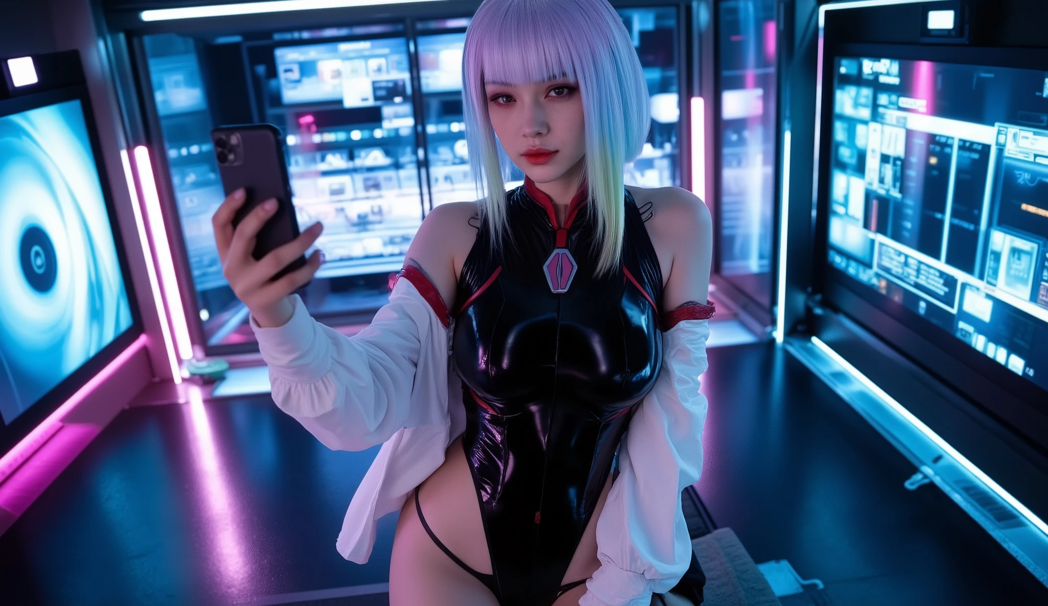 (((Lucy takes a selfie photo, oberer Winkel, Selfie-Kamera ))) poses in front of neon signs, ((wears a black cyberpunk bodysuit with a white short jacket)) , female Cyberpunk Anime Girl, Cyberpunk-Outfit, cyberpunk 2 0 y. o Model Girl, Cyberpunk Anime Girl, oppai cyberpunk, cyborg - girl with silver hair, Cyberpunk angry, gorgeous goddess, im Stil von Ghost in the Shell, Cyberpunk femme fatale, im cyberpunk Stil