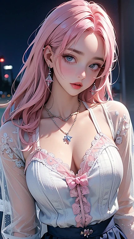(masterpiece, best quality, 1girl, solo, intricate details, chromatic aberration), realistic, ((medium breath)),long hair, pink hair, red head ornament, pink highlights, hair over one eye,purple eyes, earrings, sharp eyes, choker, neon shirt, She wears a collar, bangles, and a kimono-style garter belt., crop top, (symmetry eyes),(perfect symmetrical body),against wall, brick wall, (colorful graffiti words on wall:1.2), dim lighting, alley ,look at viewer、dig breasts、smile、(No sleeve、Navel exposed、fitted turtleneck)、hot pants string street、thin butt、Please generate above the eaves.、thin shoulders、In underwear、