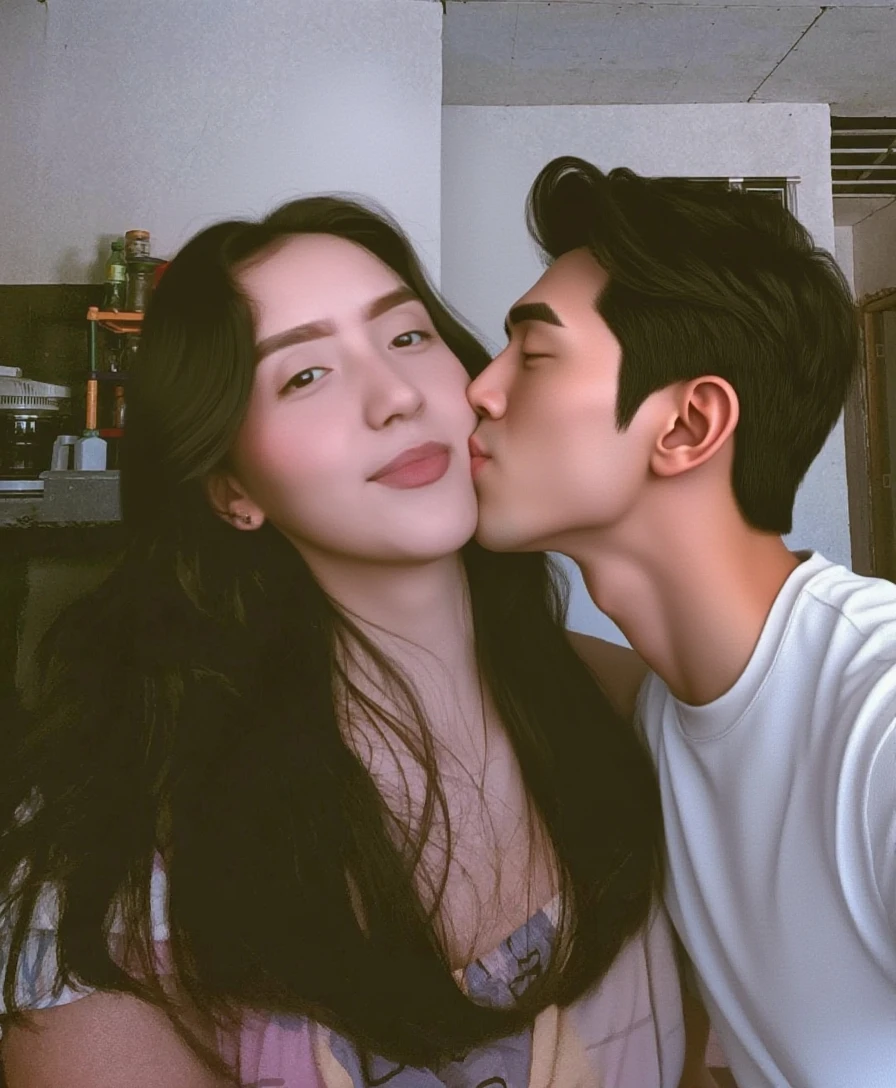 There was a man and a woman kissing each other on the cheek, kissing together cutely, kissing together, lovely kiss, couple kissing, in love selfie, couple, Kissing, Kissing each other, Tumblr, cute couple, In love, They are in love, couple pose, kisses are wordless spells, kiss mouth to mouth, ruan jia and brom, Happy couple