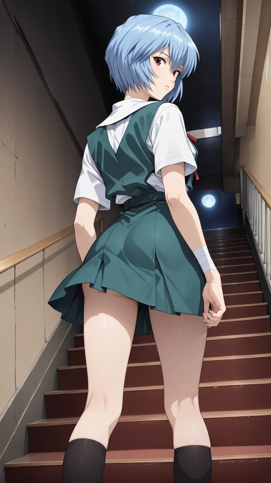 cinematic, (masterpiece), (Highest Quality), (Super Detailed), very aesthetic, illustration, realistic illustration, Perfect configuration, complicated details, super high resolution, detailed face, (anime, masterpiece, complicated:1.3), (Highest Quality, high resolution textures, very detailed:1.2), (4K),(incredibly detailed:1.4),detail eyes,   Real Shadow,  1girl,Ayanami Rei from below, (school uniform,bandage,)
 stairs,Back view、angles from below、and my skirt flips up、,moonlight,1980’s anime style, ,effect ,(show The Dark Knight:1.3)、