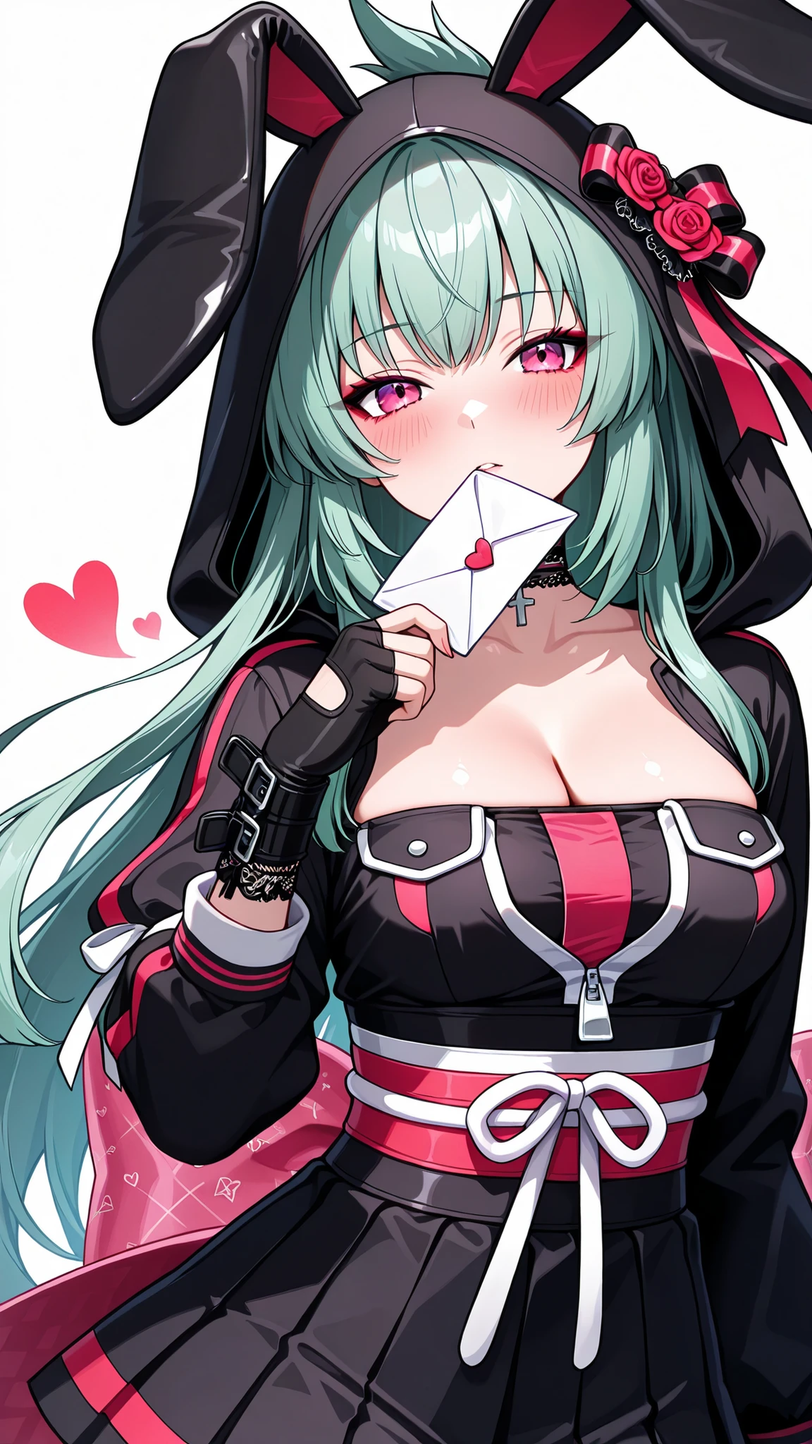 solo, kanzaki_saya, long hair, mature woman, Tight waist、Small waist、shiny Skin , (upper body), cleavage, covered navel, looking at viewer, blush, parted lips, hand covering mouth, holding out love letter, sexy, droopy-eared bunny parka jacket, oversized black hoodie with long floppy black bunny ears, soft lace trim and abundant frilly edges,
one ear decorated with a large satin ribbon and small pearl accents, additional small ribbon bows along the edges of both ears,
partially unzipped hoodie, revealing an inner black lace-trimmed strapless decorative top with multiple ribbon bows, fitted but modest, bottom of zipper slightly closed,
short pleated skirt in black and pink plaid with layered frills and decorative ribbons,
fishnet stockings, heart-buckle short boots with ribbon lacing and small pearl charms,
lace choker with ribbon bow and small cross charm, ribbon accents on sleeves and waist, extra ribbon bows on skirt and cuffs,
fingerless gloves with lace cuffs and small ribbon bows