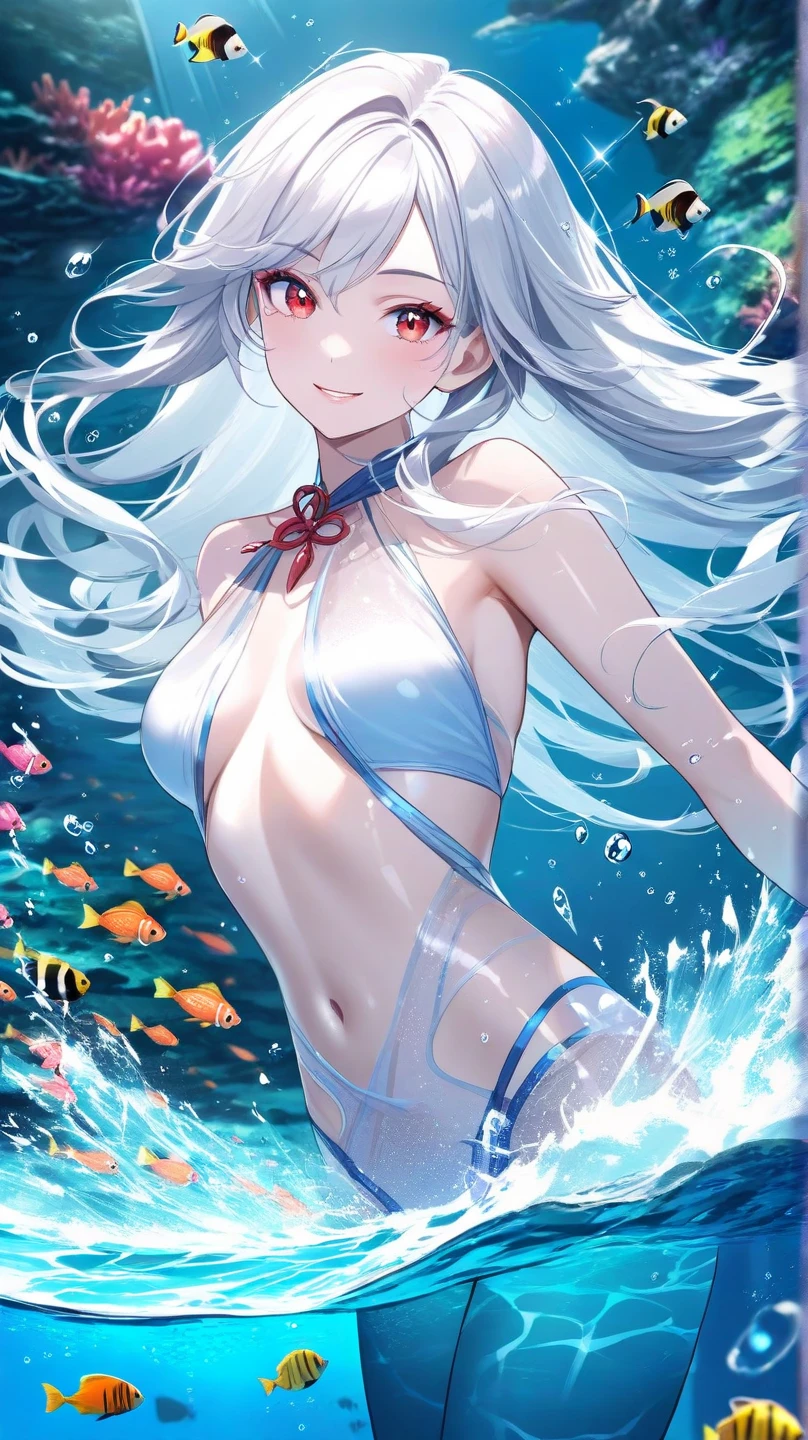 (pov Swimwear style) (beautiful body), (solo:2, 16 yo, hime cut silver hair hair long hair divine fighter girl, cool red eyes, serious face, medium tits), (in a Crystalline detailed one piece Layered Dress swimsuit, detailed sequin body chain), break, in the summer Swimsuit contest show venue, background Double Exposure beautiful ocean, BREAK, perfect anatomy, masterpiece, best quality, 16k, beautiful detailed love, sexy, daydreaming expression.