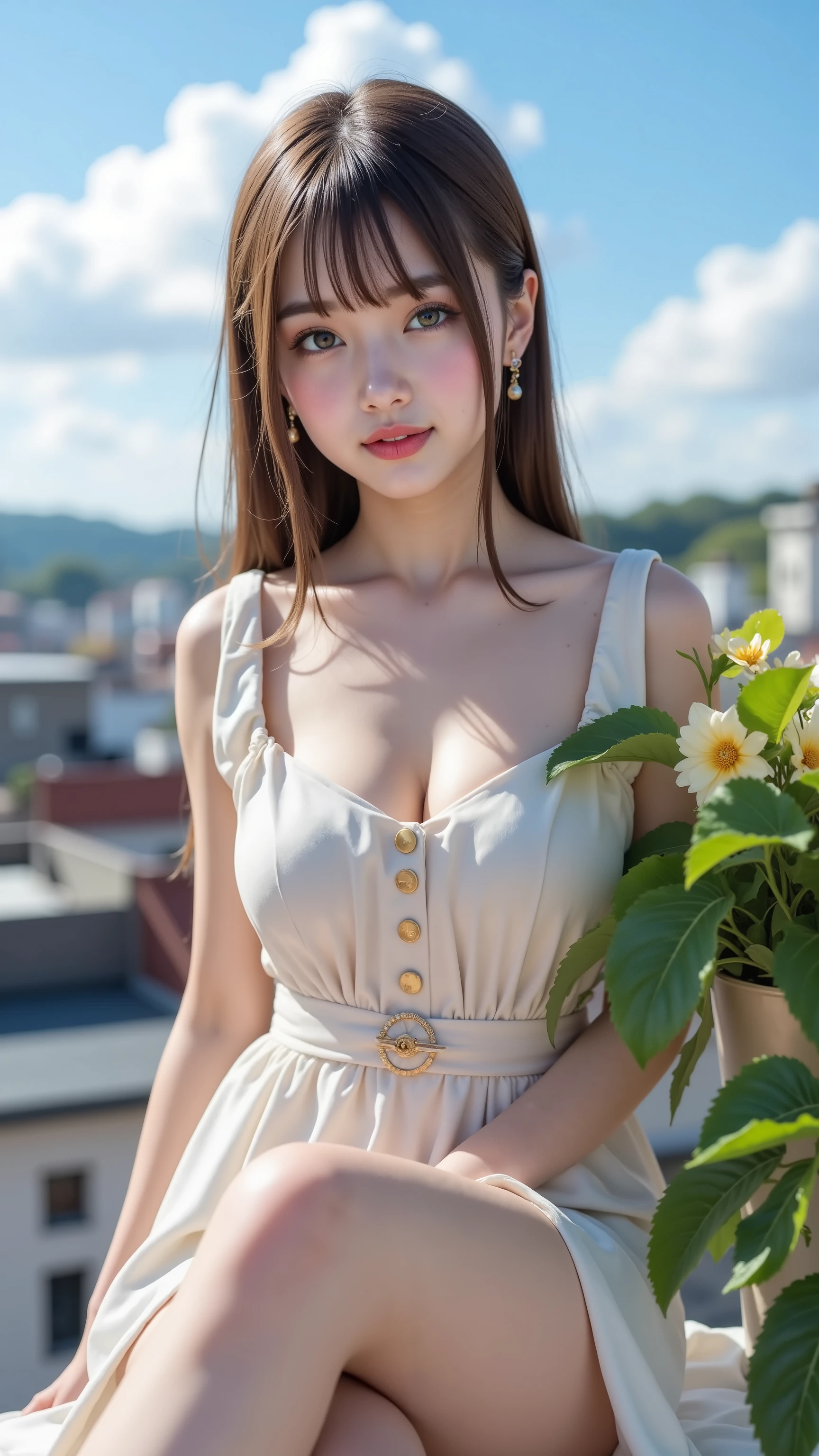 (Highest Quality、8k、32K、masterpiece、super high resolution:1.2)、
(Japanese Idols)、(Cute Japanese Girls)、tall、((giant chest、 cleft))、((Two Side Up Hairstyle))、Moisturizing Lips、cute side bang、bang、((Thin Fabric、Tight Dress))、((thin legs、tight waist))、( on the roof、garden、Blue Sky)、(high school students)、(Highest Quality、best quality、全身のmasterpiece)、Photoreality、ultra high definition