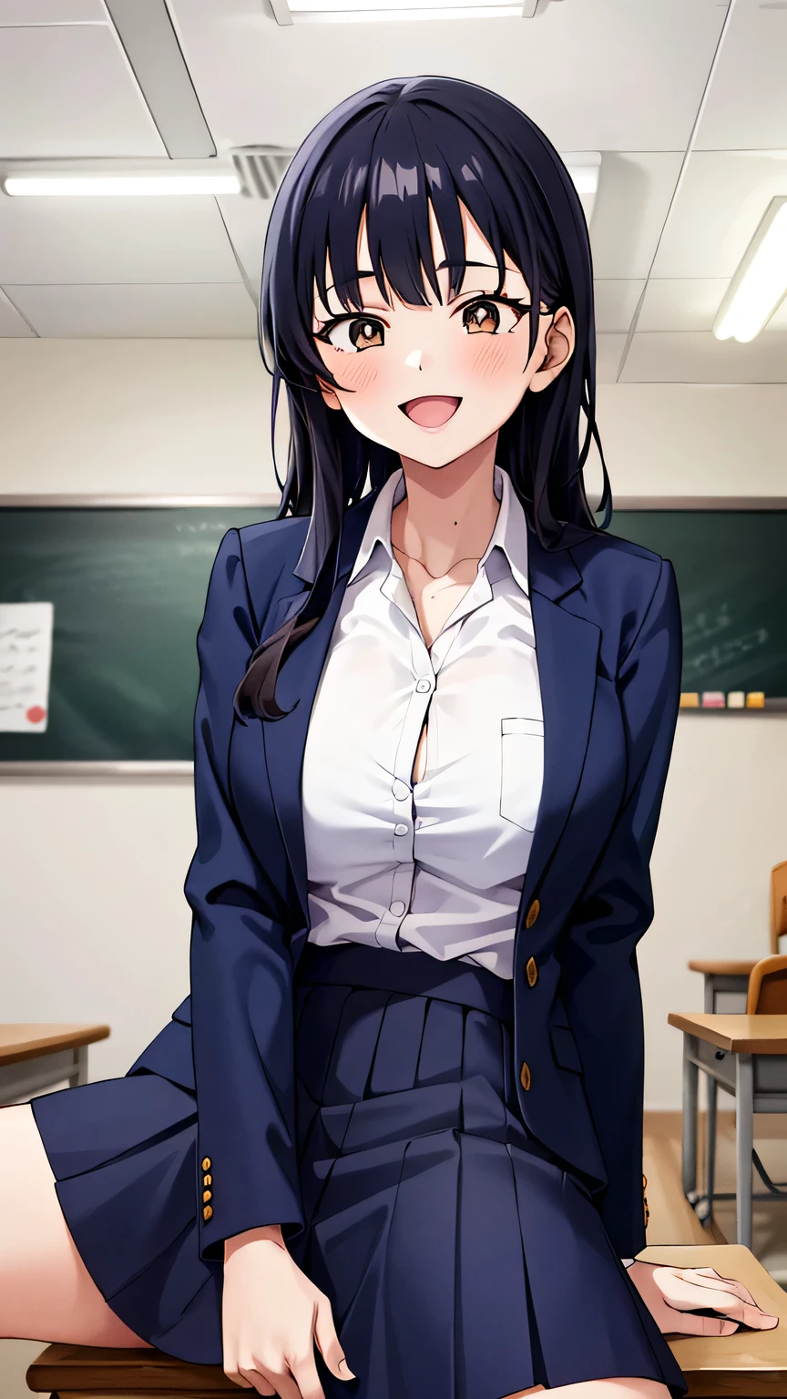 {{{masterpiece}}}, (best quality:1.5), (ultra-detailed:1.5), {illustration}, {{an extremely delicate and beautiful}}, (beautiful detailed eyes:1.6), absurdres, highres, extremely detailed face, 16k, hd, visual anime de uma jovem mulher, extremamente bonito rosto de anime, anime melhor garota, (perfect hands, perfect anatomy), (five fingers:1.1), anime face, Yamada Anna(Boku no Kokoro no Yabai Yatsu), aaanna, 1girl, solo, cute face, long hair, black hair, (brown eyes:1.4), flushed cheeks, tall woman, large breasts, thin waist, big hips, curvaceous, BREAK, blazer, blue jacket, open jacket, long sleeves, blue sleeves, collarbone, collared shirt,white shirt, (purple sweater:1.2), tuck out, pleated skirt, blue skirt, miniskirt, crew socks, black socks, BREAK ,1girl, cowboy shot, open mouth, kyoushitsu, classroom, indoors, school chair, school desk, chalkboard, window, ceiling light, curtains, smiling, peer in from below, looking at viewer, daytime, sit on the desk, spread legs, smiling, flushed cheeks