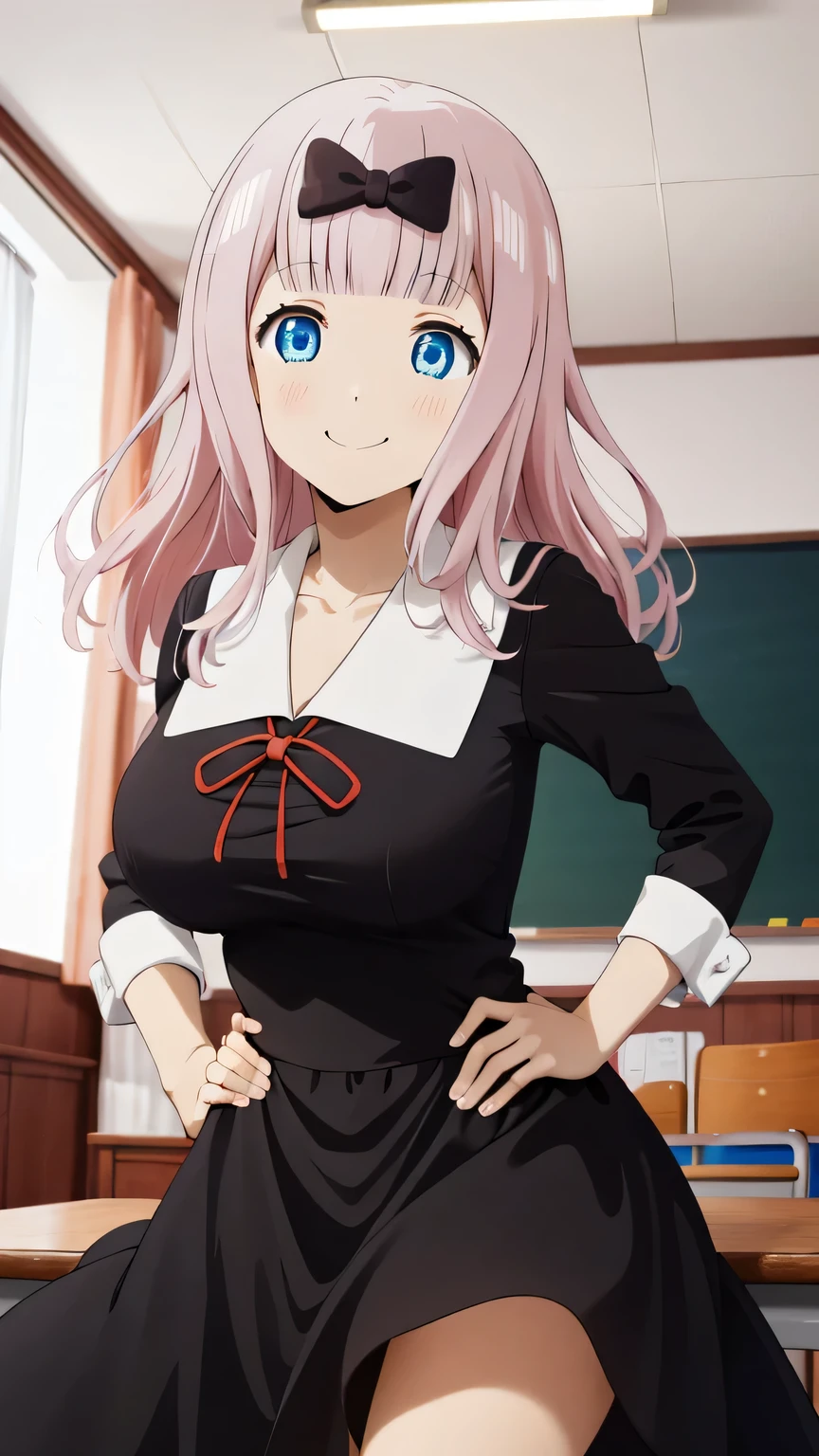 {{{masterpiece}}}, (best quality:1.5), (ultra-detailed:1.5), {illustration}, {{an extremely delicate and beautiful}}, (beautiful detailed eyes:1.6), absurdres, highres, extremely detailed face, 16k, hd, visual anime de uma jovem mulher, extremamente bonito rosto de anime, anime melhor garota, (perfect hands, perfect anatomy), (five fingers:1.1), anime face, Fujiwara Chika(kaguya-sama wa kokurasetai), 1girl, solo, cute face, aachika, long hair, pink hair, hair bow, blunt bangs, sidelocks, black hair bow, blue eyes, (High resolution eyes, Beautiful eyes, Light in the eyes), big breasts, big hips, curvaceous, BREAK, {shuuchiin academy school uniform}, black dress, skater dress, long sleeves, (black sleeves:1.2), collarbone, white sailor collar, collared shirt, red neck ribbon, (black shirt:1.2), black skirt, BREAK ,1girl, cowboy shot, smug face, kyoushitsu, classroom, indoors, school chair, school desk, chalkboard, window, ceiling light, curtains, smiling, peer in from below, looking at viewer, daytime, sit on the desk, legs apart, hands on own hips, flushed cheeks