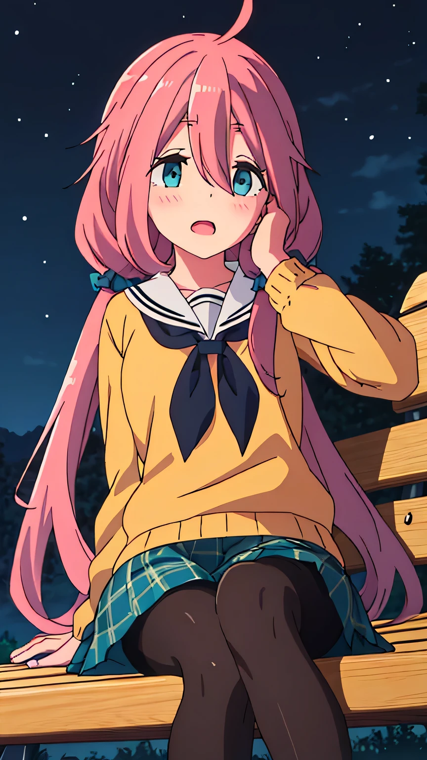 {{{masterpiece}}}, (best quality:1.5), (ultra-detailed:1.5), {illustration}, {{an extremely delicate and beautiful}}, (beautiful detailed eyes:1.6), absurdres, highres, extremely detailed face, 16k, hd, visual anime de uma jovem mulher, extremamente bonito rosto de anime, anime melhor garota, (perfect hands, perfect anatomy), (five fingers:1.1), anime face, Kagamihara Nadeshiko(Yuru Camp), kagamihara_nadeshiko_yurucamp, 1girl, solo, cute face, pink hair, long hair, ahoge, twintails, very long hair, low twintails, hair between eyes, sidelocks, blue eyes, (High resolution eyes, Beautiful eyes, Light in the eyes), medium breasts, big hips, curvaceous, BREAK, {motosu school uniform}, (yellow sweater:1.2), tuck out, long sleeve, sailor collar, (white neckerchief:1.3), (blue skirt:1.3), mini pleated skirt, ((diagonal plaid skirt:1.2)white line:1.2), (black pantyhose:1.4), BREAK, sleeping, open mouth, blush, lying on bench, (on side:1.1), captivating pose, outdoors, (night:1.3), winter, campsite, bench, visual anime de uma jovem mulher, extremamente bonito rosto de anime, anime melhor garota