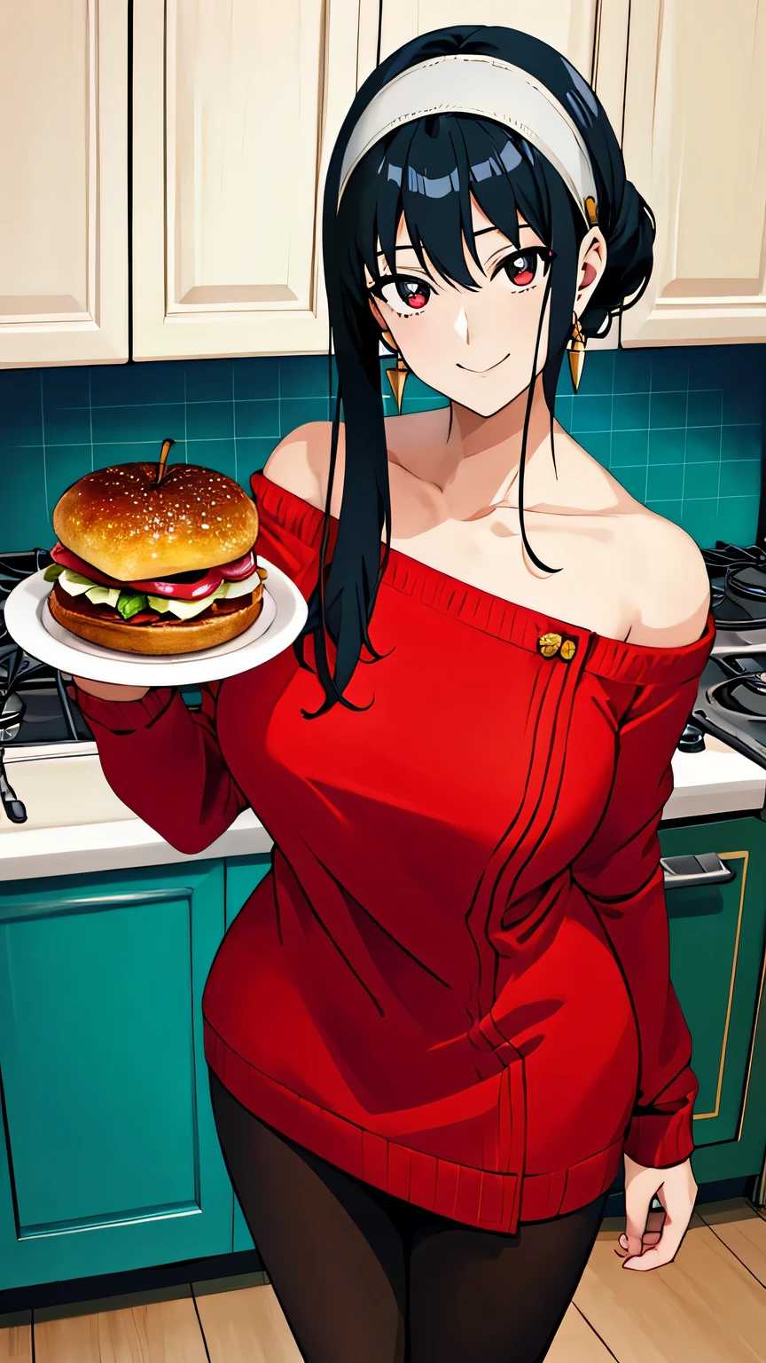 {{{masterpiece}}}, (best quality:1.5), (ultra-detailed:1.5), {illustration}, {{an extremely delicate and beautiful}}, (beautiful detailed eyes:1.6), absurdres, highres, extremely detailed face, 16k, hd, visual anime de uma jovem mulher, extremamente bonito rosto de anime, anime melhor garota, (perfect hands, perfect anatomy), anime face, Yor Forger(Spy x Family), yor briar, bbyorf, 1girl, solo, cute face, black hair, short hair with long locks, sidelocks, asymmetrical bangs, (red eyes:1.4), narrow chin, large breasts, big hips, curvaceous, BREAK, white hairband, gold earrings, off shoulder, clavicle, red sweater, tight sweater, long sleeves, black pantyhose, BREAK, cowboy shot, smiling, cook, food on plate, holding a plate with both hands, indoor, Moder Kitchen, in a kitchen standing