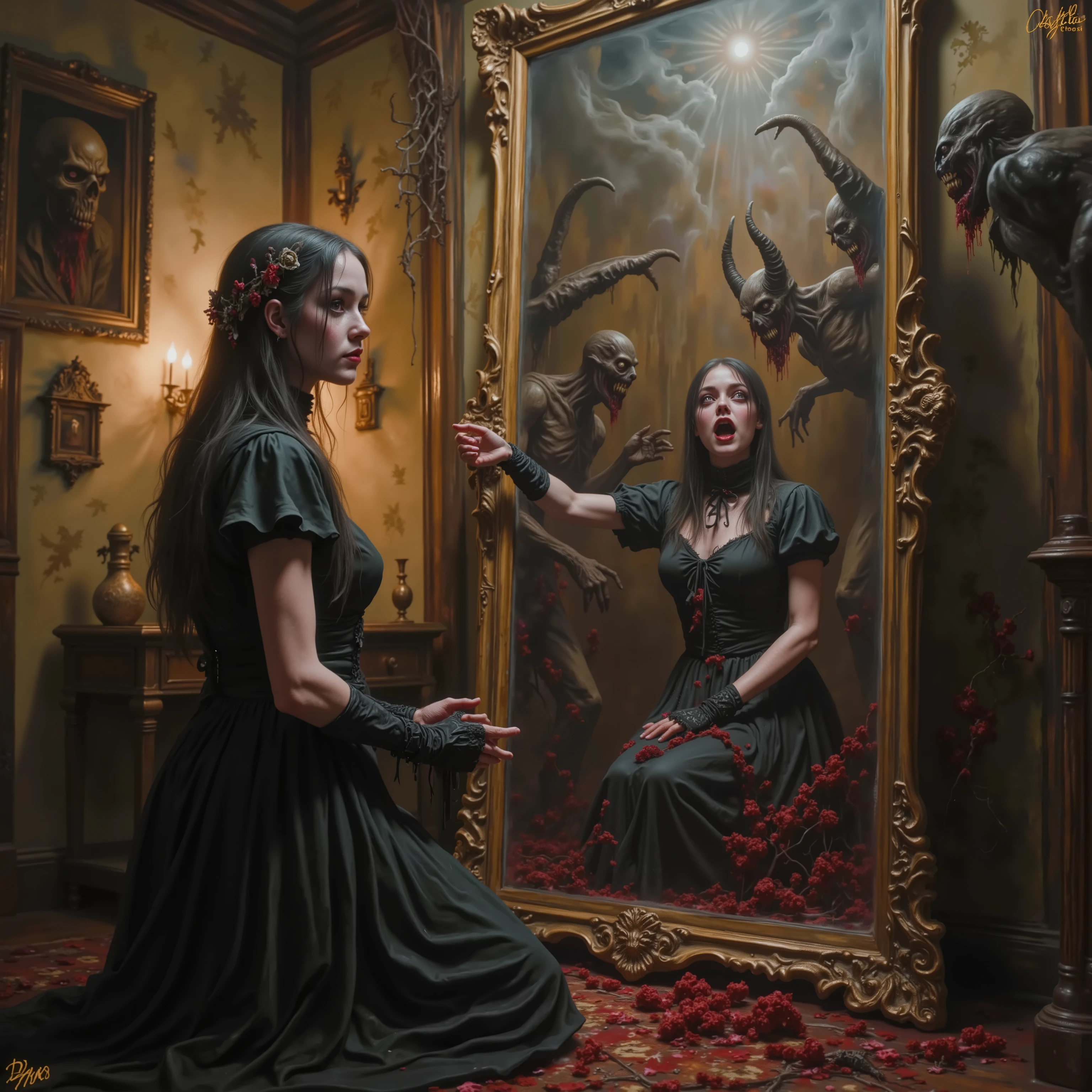A woman dressed in a flowing black gown and laced gloves kneels on a richly patterned carpet in an ornately decorated room. Her hair is adorned with deep red flowers, creating a striking contrast against her dark attire. She extends her hand towards an elaborate framed mirror that reflects an unsettling scene. The mirror depicts grotesque, horned creatures with dark, shadowy bodies emerging from a swirling mist, their expressions menacing and supernatural. The room is softly lit, with warm tones from antique wall sconces casting intricate shadows across the walls, adding to the mysterious atmosphere. Vines creeping along the room's corners complement the gothic aesthetic, enhancing the sense of eeriness with their twisted forms. The dramatic interplay between light and shadow imbues the scene with a haunting and surreal ambiance.