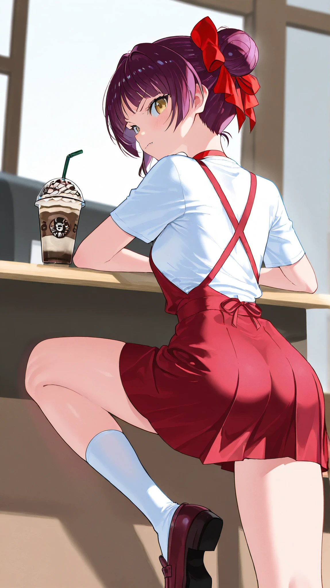 GeGeGe no Kitaro:Cat ear girl、1 girl、 Slender Style 、 Her hair is short, Red and purple,、the back of my head is made into bun hair with a big red ribbon、 eyes are big, cat-like long, and the,、golden eyes、time々 Bare your fangs 、generally 、A human girl turned into a van with a big red ribbon on her back head、red dress、The white t-shirt and the、white socks、red loafers、Tsundere temperament、human girl drinking frappuccino at a cafe around town、Strong winds、skirt flips up、black panchilla