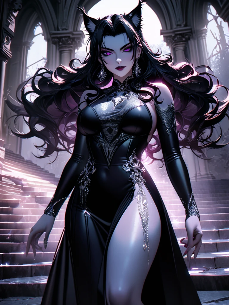 ((full body view:1.2)), ((Elvira The Mistress of Darkness)) (Cassandra Peterson), (pale skin:1.2), (white skin:1.5), ((front view:1.3)), pale face, (puffy lips:1.4), (exposed torso:1.4),(black dress), ((long dress over legs:1.3)), ((dress covers legs:1.1)), (gigantic breasts:1.6), design sheet, masterpiece, (slendered abs:1.2) ,detailed , shiny skin, beautiful lighting from the side, harsh light,epic pose, dynamic movie poster