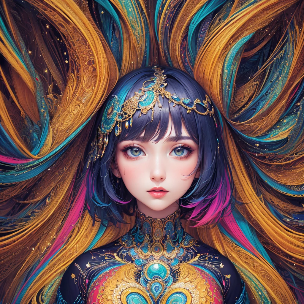 (masterpiece, top quality, best quality, official art, beautiful and aesthetic:1.2), (1girl:1.3), extremely detailed,(fractal art:1.2),colorful,highest detailed,(zentangle:1.2), (dynamic pose), (abstract background:1.5), (treditional dress:1.2), (shiny skin), (many colors:1.4), upper body