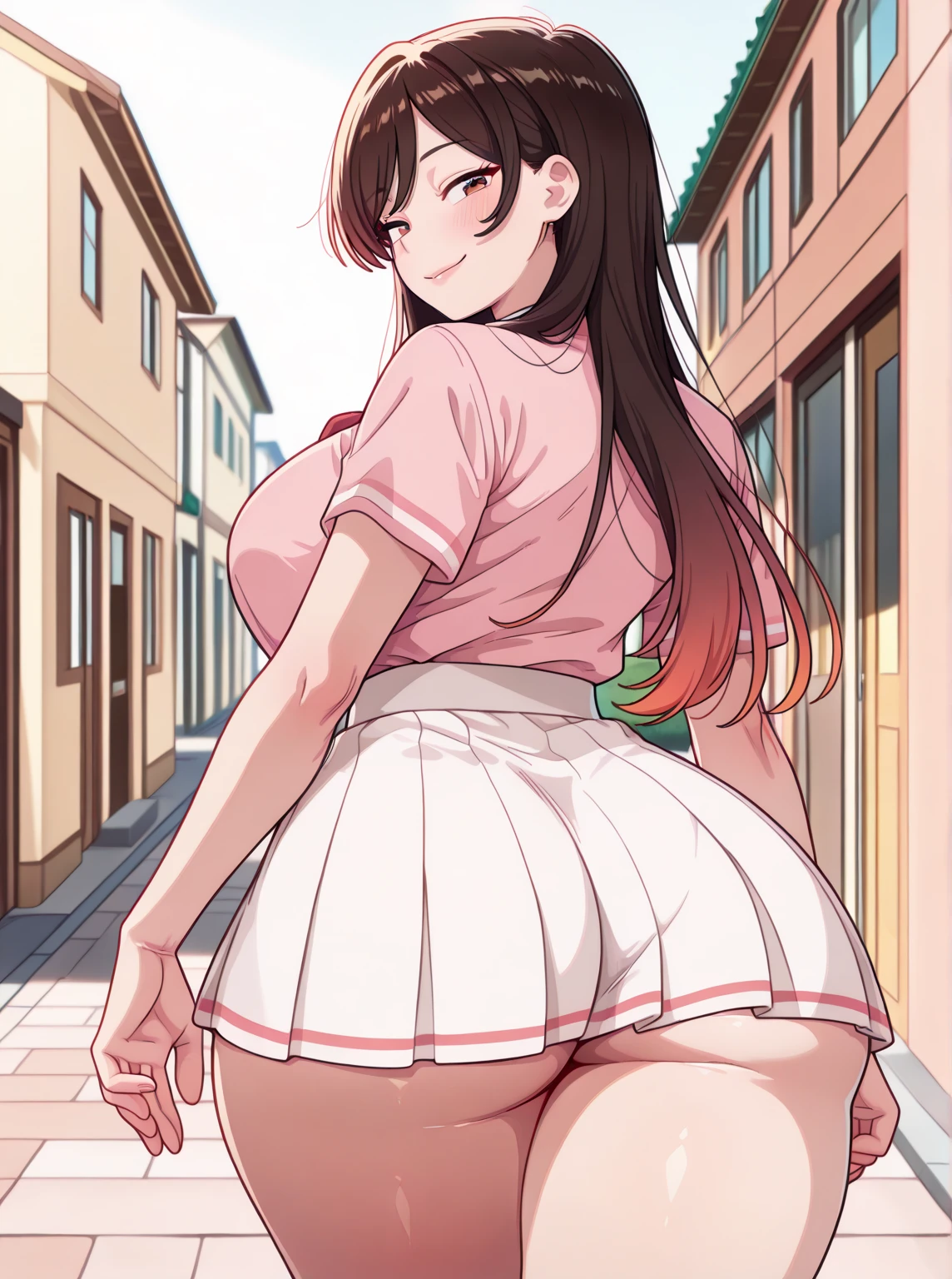 1 girl, anime style, detailed, ?????, culona, busty, crouched, by the median, by the cafe, looking back 