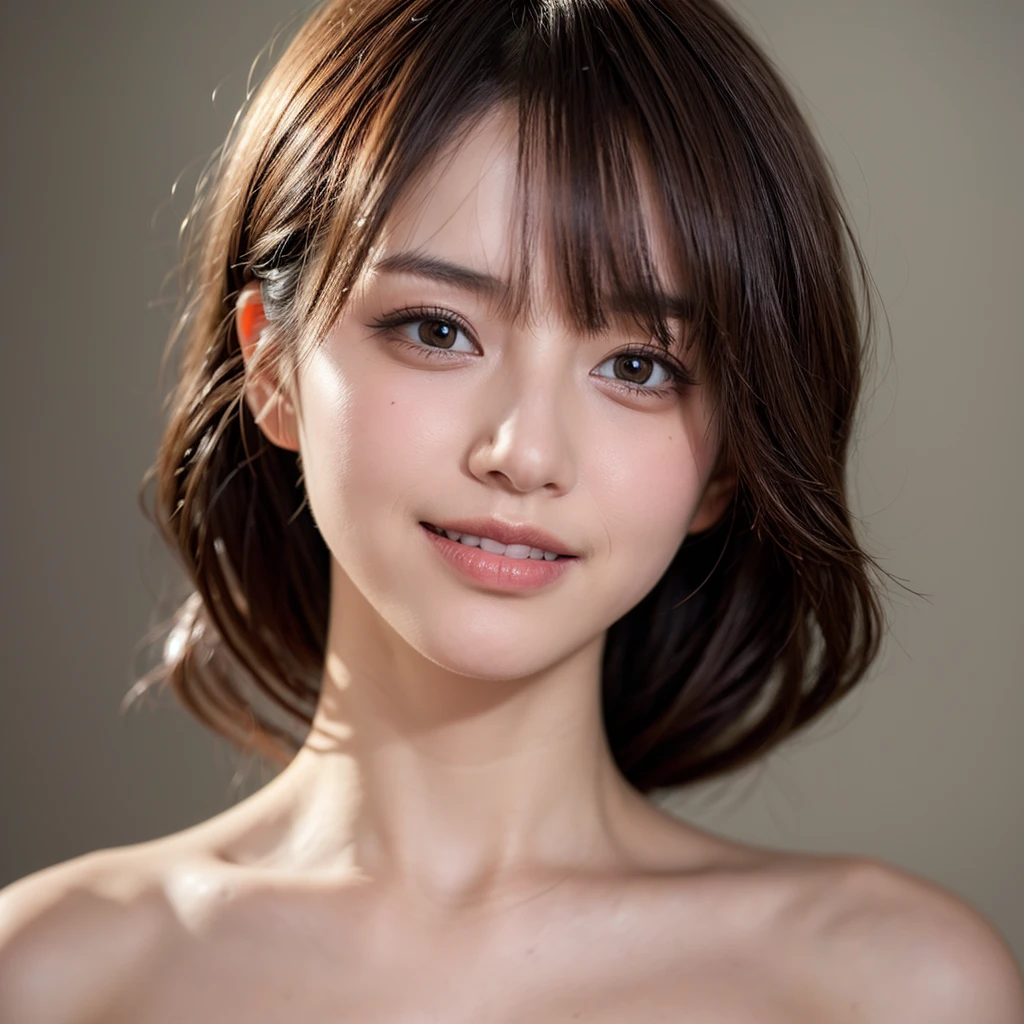((巨作、22yearsold、1 beautiful girl、Detailed eye、Shorthair with bangs、shorth hair、neck long、Put your ears out))、big eye、Distinct double eyelids、((最好质量, ultra-high-resolution、gazing at the camera、Light brown eyes、Clean collarbone、glowy skin、Straighten your back、The face of the golden ratio、a small face)), (Realisticity: 1.4), OriginalPhotographs, 1girl in,Cinema tick writing、japanes、Asian Beauty、Korea person、Super beauty、Realistic skin type、(((clean very large breasts、A slender、The body is facing forward、lipgloss、Highlights in the eyes、thin lips、smiling slightly、Closing mouth and smiling happily)))、(ultra realisitic)、(A high resolution)、(8K picture quality)、(Very Details)、(Best Illustration)、(beautifully detailed eyes)、(ultra hyper-detailed)、detailed faces、lookig at viewer、Facing Straight Ahead、neat and clean clothes、sleevless、short-hair、black har、46-point diagonal bangs、Background is really nothing but pure white background、neat atmosphere、