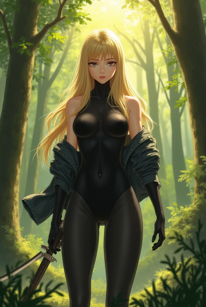 masterpiece, top-quality, MGS3EVA, tan jumpsuit, blue eyess, Black bra, a belt, gloves, boots, Wagas, in jungle、Small、teats、fullnude、Full visible,rubbersuit、Torn、barechested、