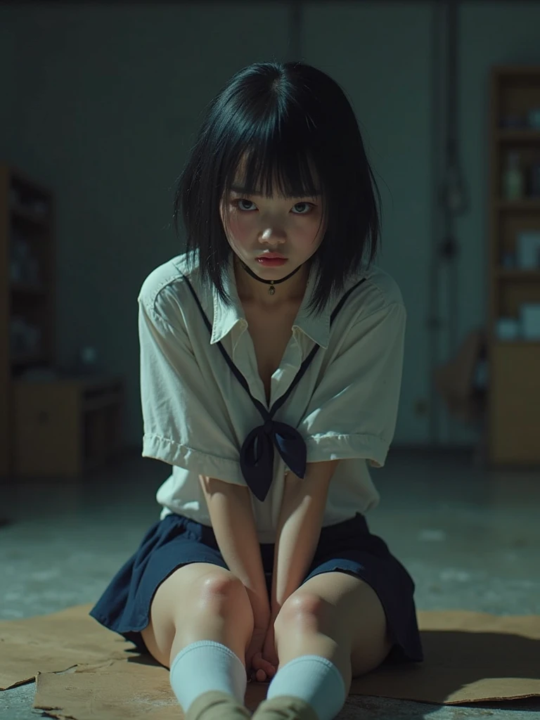 (masterpiece, best quality:1.2), (realistic,photo-realistic:1.4), RAW photo, highres, extremely detailed, intricate details, (full body, from below), solo, 1girl, a 20 years old Japanese female, (white shirt, short sleeves, bowtie, plaid miniskirt, black skirt, bare legs, thighs, socks, loafers, black mini shirt:1.3 breast ), dark hair, short bob hair, cute face, baby face, detailed face, detailed eyes, sophisticated nose, fine-textured skin, pale skin, (kneeling with spread legs wide apart:1.5), (peeing self, pee stain, urination:1.5), (pee puddle), photo background, indoors, hallway in school, crowd looking at her,