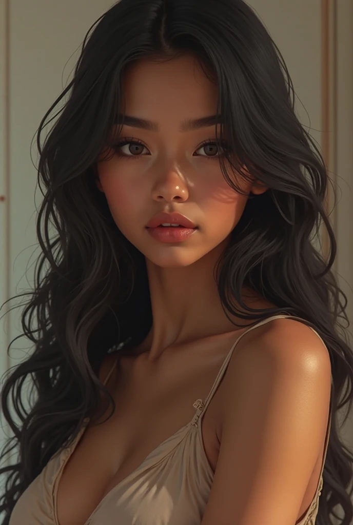 Girl black hair, puppy eyes, kissable lips, slim nose, hourglass, hot, pretty, nude