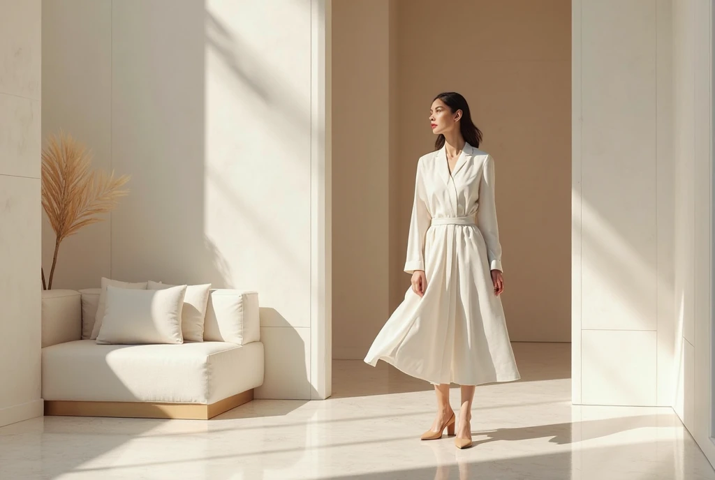 highest quality、4K、Perfect Face、Perfect Style、perfect body、Sunburn、beautiful lady、mature、long curly layer brown hair、Swept-back hair、full body,  、charming、healthy、of the highest quality、8K、Generate a hyper-realistic image of a beautiful woman walking confidently down a sleek, modern corridor. She is wearing a long, elegant white dress with long sleeves, featuring a  that reveals one of her legs as she strides forward. The dress flows gracefully, accentuating her poised movement. Her hair is styled in loose waves, and she has a serious, captivating expression. The background consists of minimalist, clean lines with a soft, natural light streaming in from a large window behind her, casting a subtle glow and reflection on the polished floor.white modern wall,