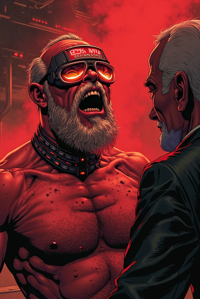 Solo, torso of white bearded   old muscular man, his hands chained, gigachad muscular, longand fluffy beard, :: high detail, muscular!, super buff and cool, muscular! white, commission for high res, muscular!!, very buff, white eye brows, strong chest, strong arms, large muscles, muscular, thick waist, big body, tall thick body, wet, wide body,  appeal, big blue eyed, man bun hairstyle, chubby belly, white hairy chest, sleeping, in the dark prison