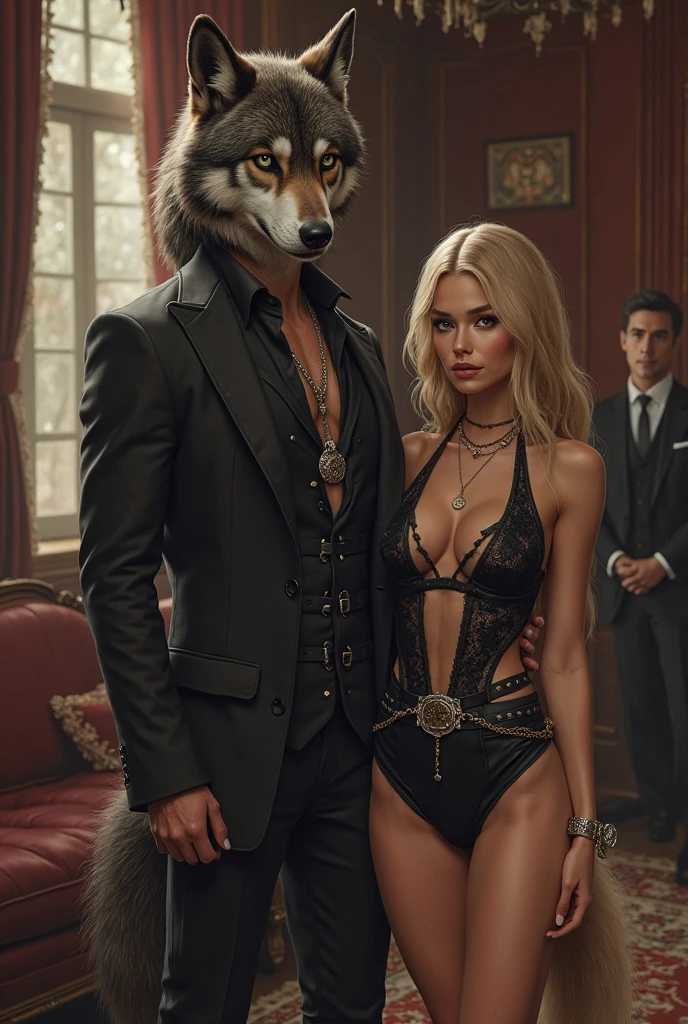A wolf wearing a suit sitting with a blonde 18-year-old woman with huge breasts in lingerie on a sofa in a mansion
