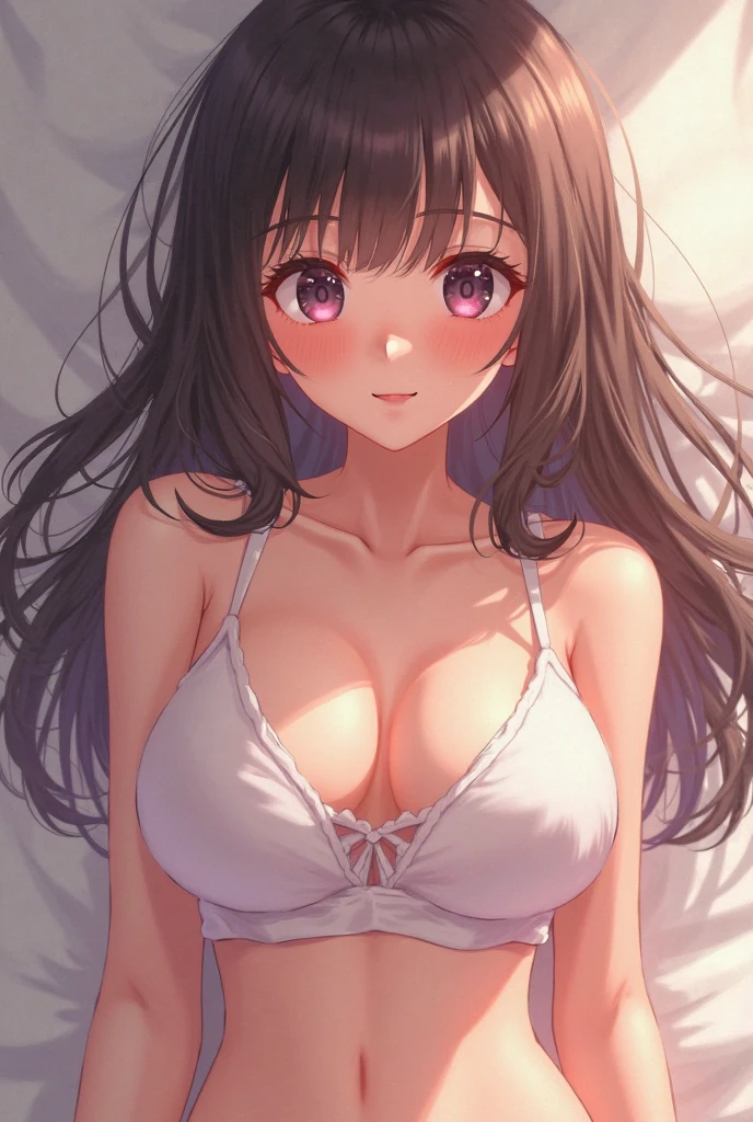 (A superb exquisite Chitanda Eru), (adult face), solo, intricate details, (finely detailed beautiful eyes: 1.2), purple eyes, long black hair, natural straight hair, straight bangs, solo, [Small_breasts: large_breasts: 0.5], normal breasts, extremely delicate, peerless beautiful girl, dreamy quality, exaggerated facial features, solid color, delicate face, bright lips, slender waist, straight curves, soft lights and shadows, super fine, [8K full HD], (masterpiece:1.4), (((timid smile, white lingerie, garter belt)))
