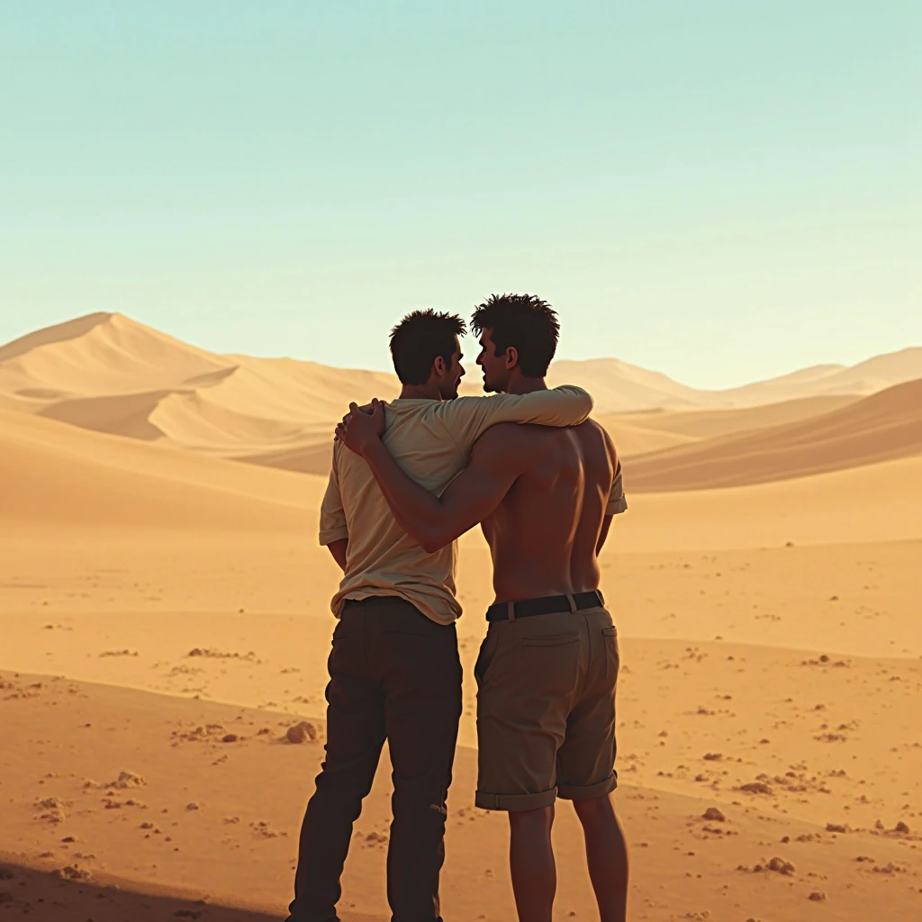  man with detailed  and short military haircut.  woman with thick black pubic hair and short blonde hair. Embracing in geodesic dome on desert planet. Dust storms visible outside dome. Scientific equipment in dome. Comfortable bed and chairs.  