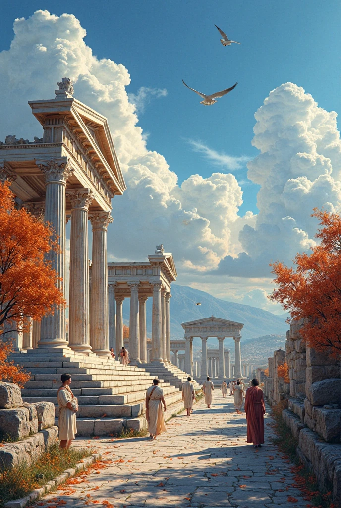 A breathtaking ancient Greek city scene under a vivid blue sky with ...