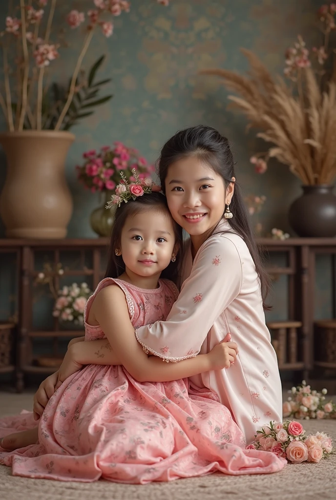 Photography of a beautiful Asian woman aged 20 wearing a beautiful dress accompanied by a 10 year old girl wearing a dress, shoes, sitting together looking forward, background icon in Europe, romantic evening atmosphere