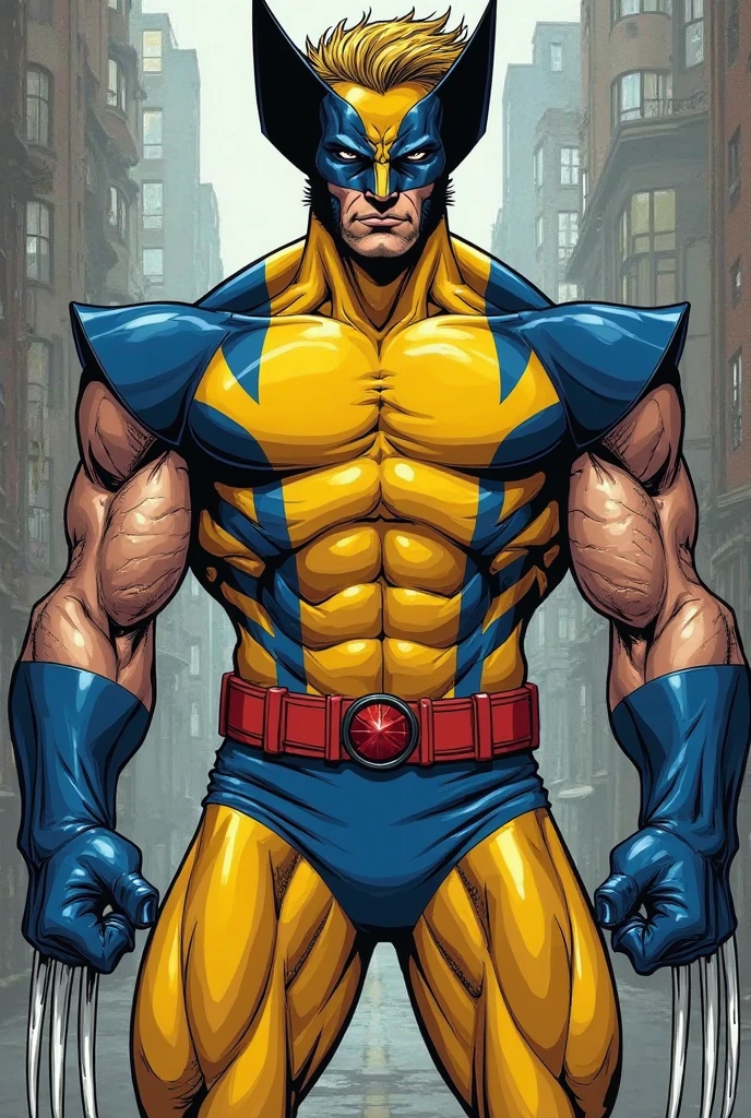 Cyclops, X-Men, age 25-35, strong, determined. White male, short brown hair, clean-shaven. Wearing a red, high-tech visor glowing with energy. Dark blue spandex bodysuit with yellow accents. Yellow utility belt with X-Men symbol. Brown leather jacket, battle-worn, X-Men logo on the shoulder. Yellow gloves and boots. Muscular build, standing tall and confident. Aiming his visor upward, unleashing a powerful optic blast. Ruined cityscape background, with smoke and debris. Cloudy sky with sunlight breaking through. Intense, focused expression.