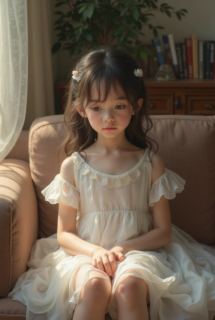 ((Attention to detail)),beautiful girl, Highest quality, 8K, 11 years old、girl、Fluffy long hair、Summer outfit、Happy smile、sea
