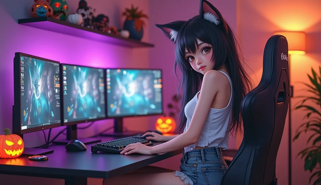 Create a high-quality, detailed image of a beautiful, anime cat gamer girl with tattoos and long hair, beautiful eyes, sitting at her gaming PC in her gaming room. She is wearing a tank top, and sleep shorts, showing her midriff, highlighting her stunning curves. The warm, inviting scene includes soft ambient lighting, comfortable seating, The setting is illuminated by a small lamp, creating a serene and intimate atmosphere