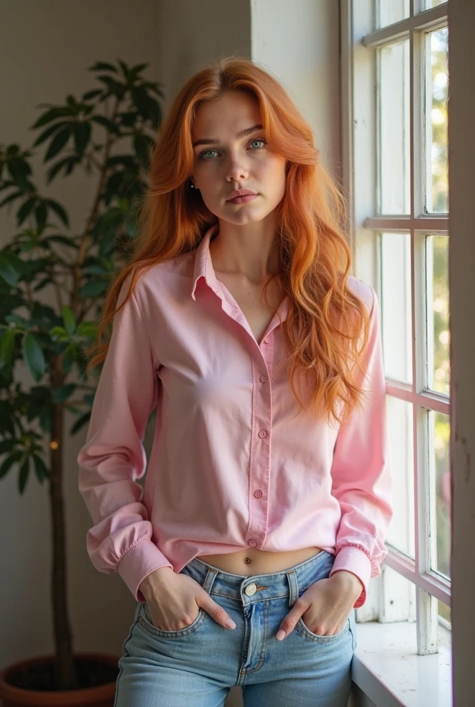woman 19 years old, red hair, white shirt, full body , bookstore, blurred background, clear eyes, (((Best quality in the shirt)))