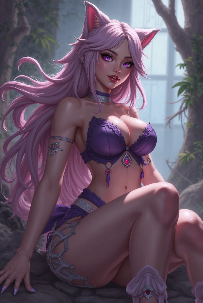 Unbeatable masterpiece, Perfect artwork, Intricate details, Best quality, profesional light, High contrast, dungeon, full bodyesbian, detailed green eyes, beautiful eyes, one elf girl, full red lips, exposed navel, bare shoulders, large breasts, exposed cleavage, pink hair, straight hair, leather purple outfit, she wear purple high heel boots, seat in front of viewer, soft smile.