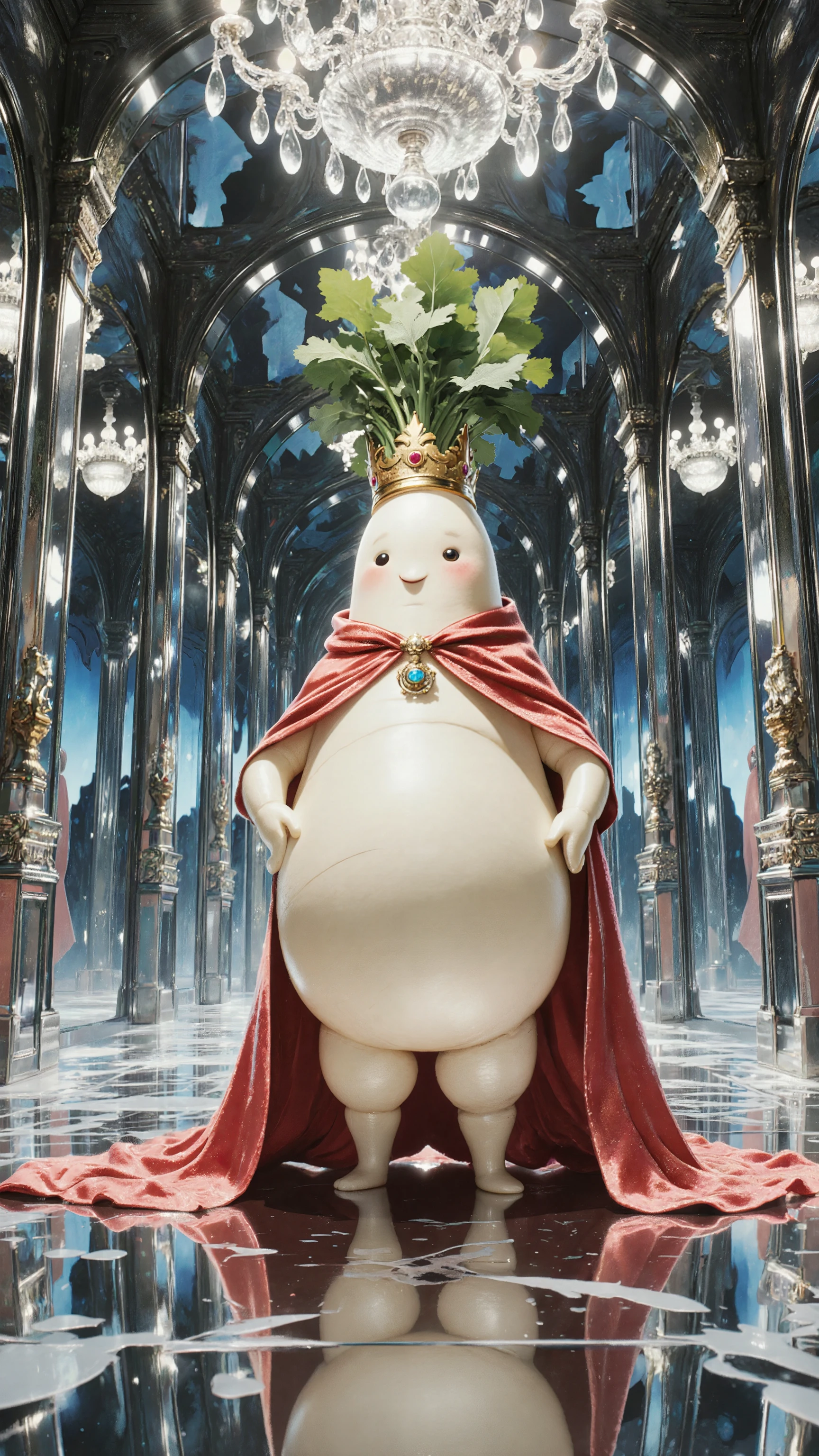 daikon,chubby daikon with arms and legs, daikon King, wearing a red cloak and crown, Mirror house,chandelier