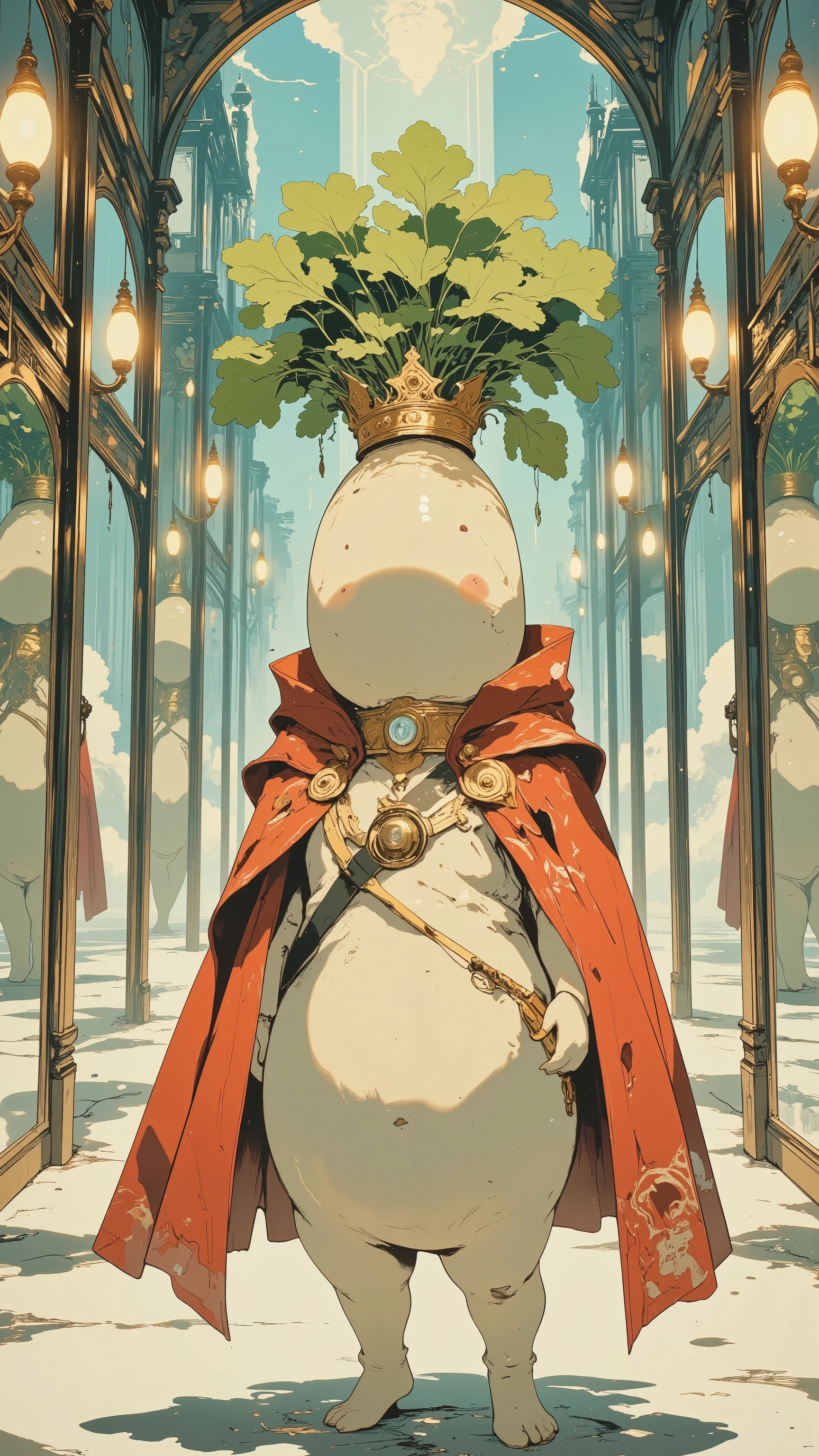 daikon,chubby daikon with arms and legs, daikon King, wearing a red cloak and crown, Infinite Corridor of Mirrors