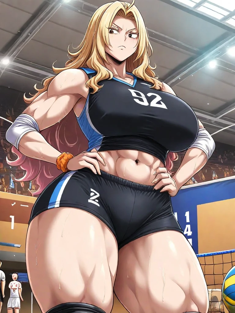Anime, High quality full body image of Asuna as a bodybuilder in a tight bikini, tanga, ohne Schuhe, feet, bare feet, massive muscular body, huge muscular shoulders, Massive big biceps, Venen im Bizeps, Muskelbeine, massive muscular abs, bizeps flex. posierend, Sie schwitzt, very muscular, The toned body shines in the spotlight, she is standing on a stage, a lot of muscular