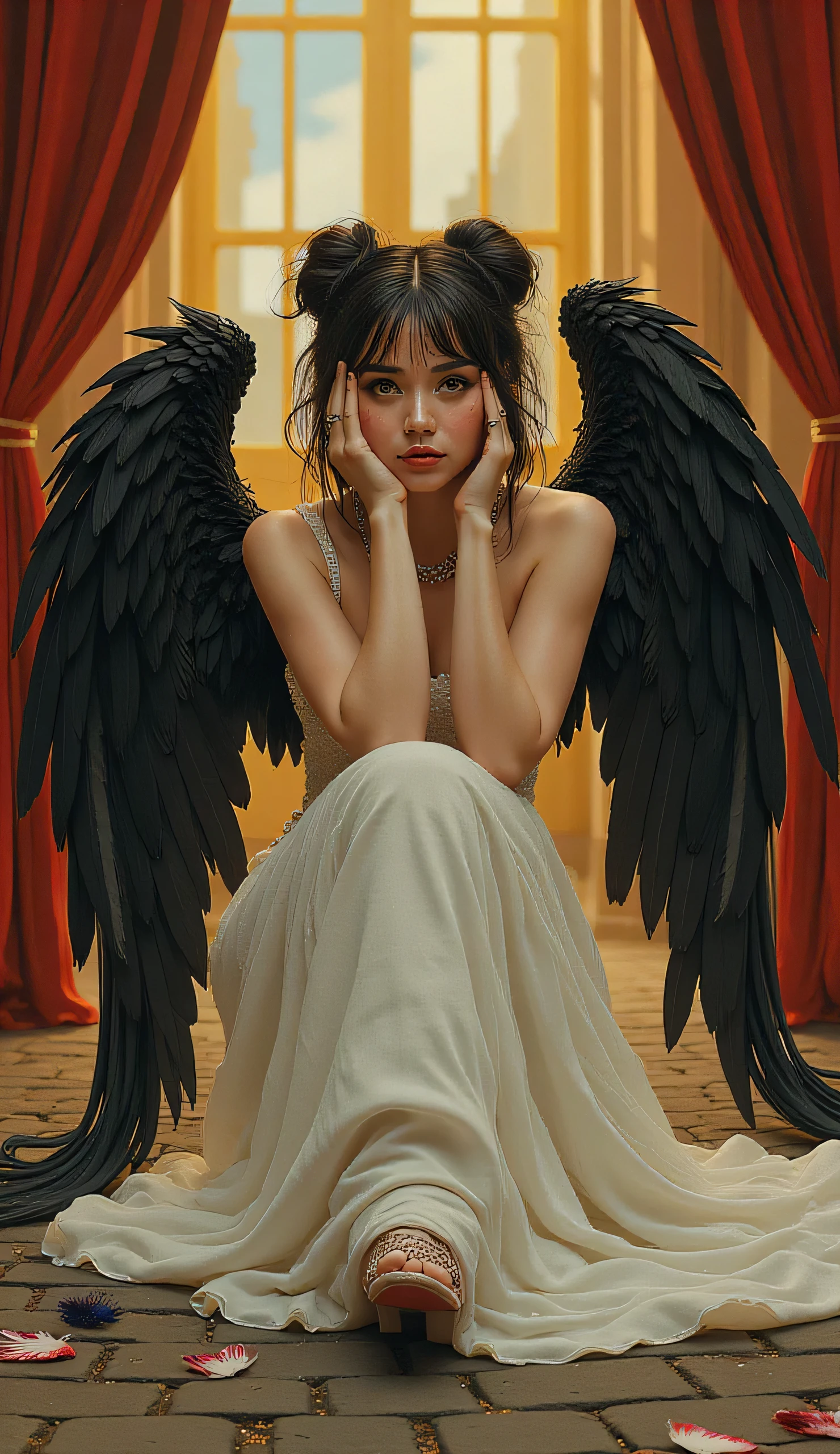 Detailed proportions and textures rendered with multi-colored spray paint and airbrushing present a semi-realistic illustration dominated by bright, vivid tones that contrast with the matte, warm tones of the background (full body, confident posture, bright eyes, defined eyebrows, long eyelashes, perfect face, full lips, huge, round breasts, flat stomach, wide hips, slim waist, thick thighs) (Foto RAW), A beautiful actress wearing black feathered robotic bird-like wings, an off-white vintage dress, sitting on a cobblestone street stage on an old cobblestone floor, with her hands covering her face in a dramatic gesture, dramatic theatrical makeup, glistening tears, heartbroken pose, showing her broken (damaged) robotic wings with the fallen feathers around her, Victorian theater stage, red velvet curtains, dramatic lighting, yellowish theatrical lights, melancholic atmosphere, impoverished neighborhood style, on an old-fashioned stage, a set of gas lanterns and Victorian facades, soft artificial fog, classic opera photography style, film art photography. very balanced saturation in very defined color palettes (color with intense monochromatic shaded tones and brightness, red hue 25% + yellow 25% + blue 25% + biofluorescent 12.5% + transparencies 12.5%). Aesthetic fusion of (A realistic a Ángel cosplay. Fibonacci ratio. a Angel (Including a variety of dark pink and beige skin tones that give contrast and brightness) character type. Fluid texture that gives the sensation of movement to the leafy style that molds to the figure (Her embossed and pleated clothing gives volume and depth to the character). High fashion photoshoot (Full body Photo perspective of her). (Extremely detailed 8k Unity CG wallpaper), (best illustration), (best shading), realistic lighting, detailed and beautiful brightness. High and low angles. style fusion of Coco Chanel, Gianni Versace, Alberto Vargas